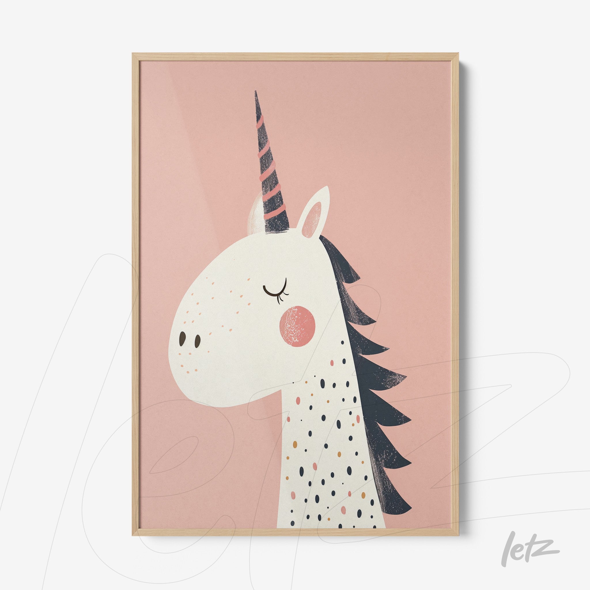 children's wall art of a unicorn on pink background with light wood frame
