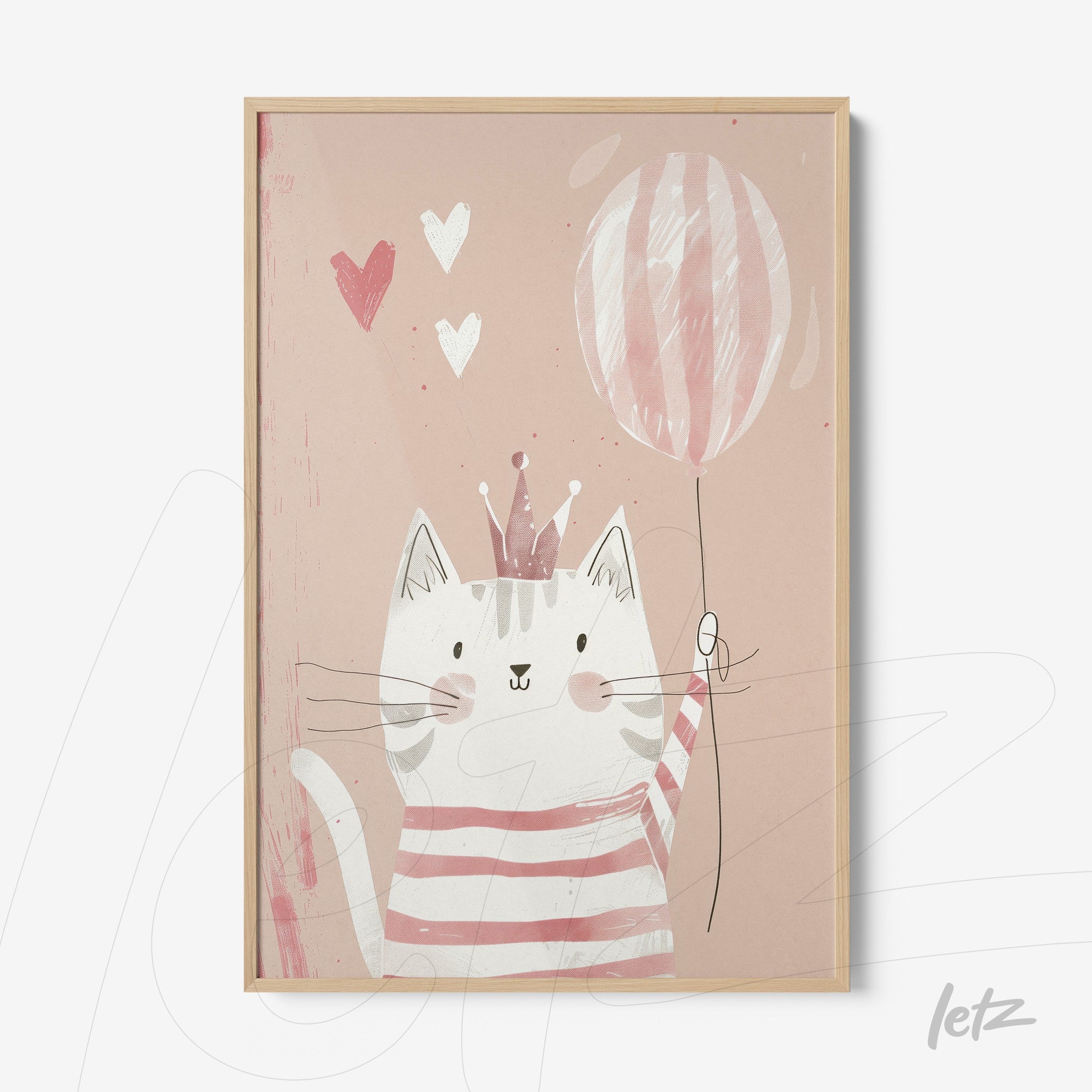 framed wall art featuring a cheerful cat holding a balloon and hearts on a pink background with light frame