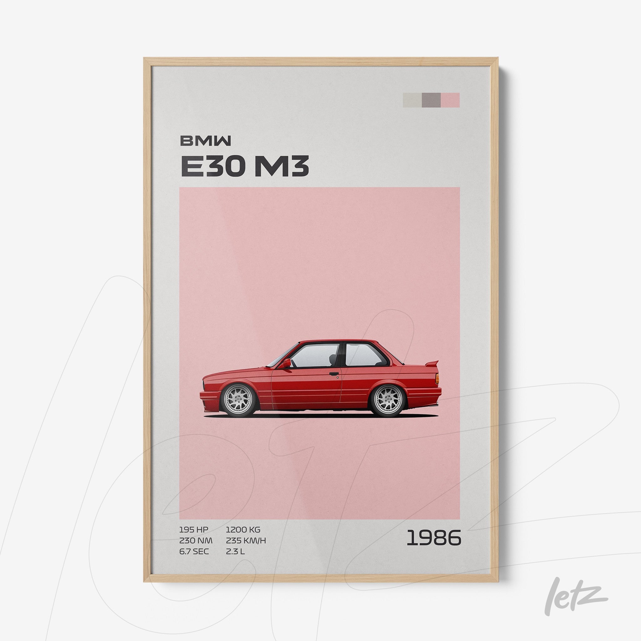 decorative wall art featuring an illustration of the BMW E30 M3 on a pink background with a light wooden frame