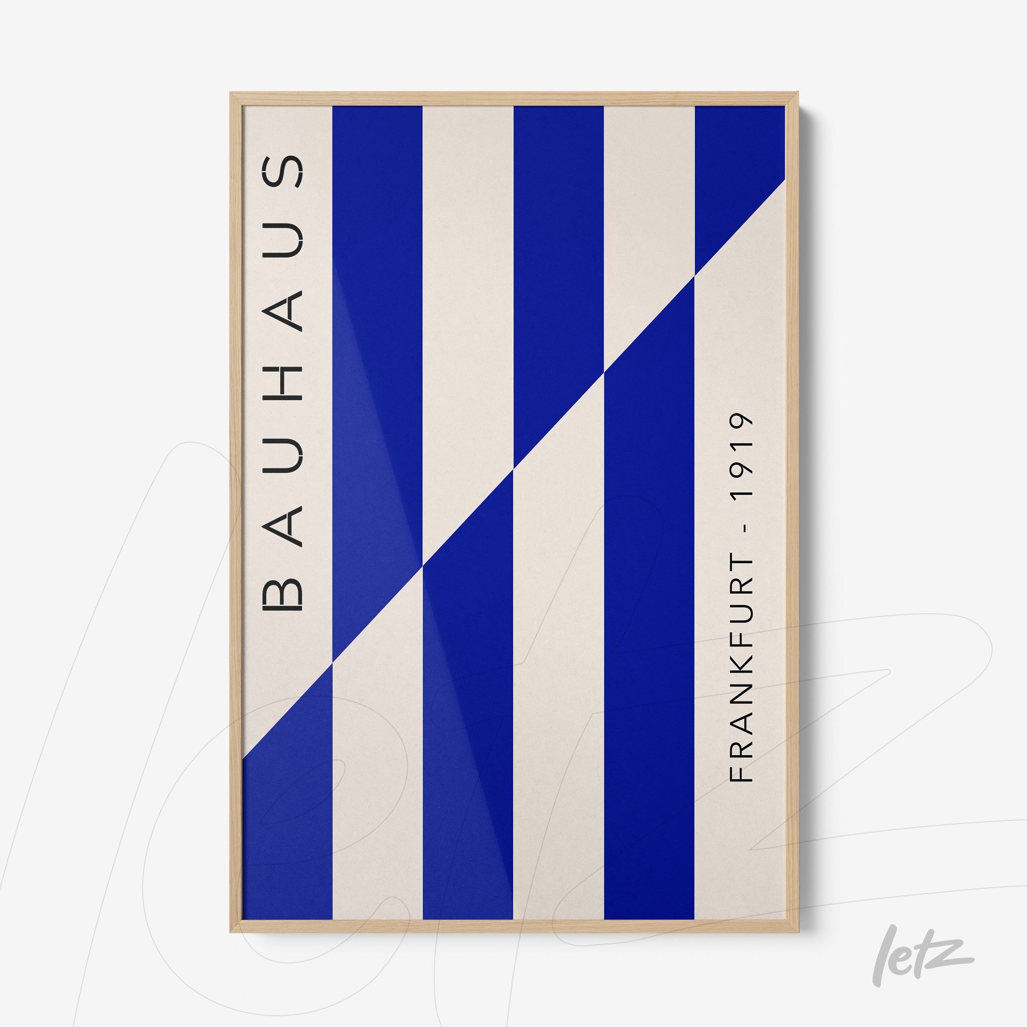 poster featuring abstract blue and white art with light wood frame