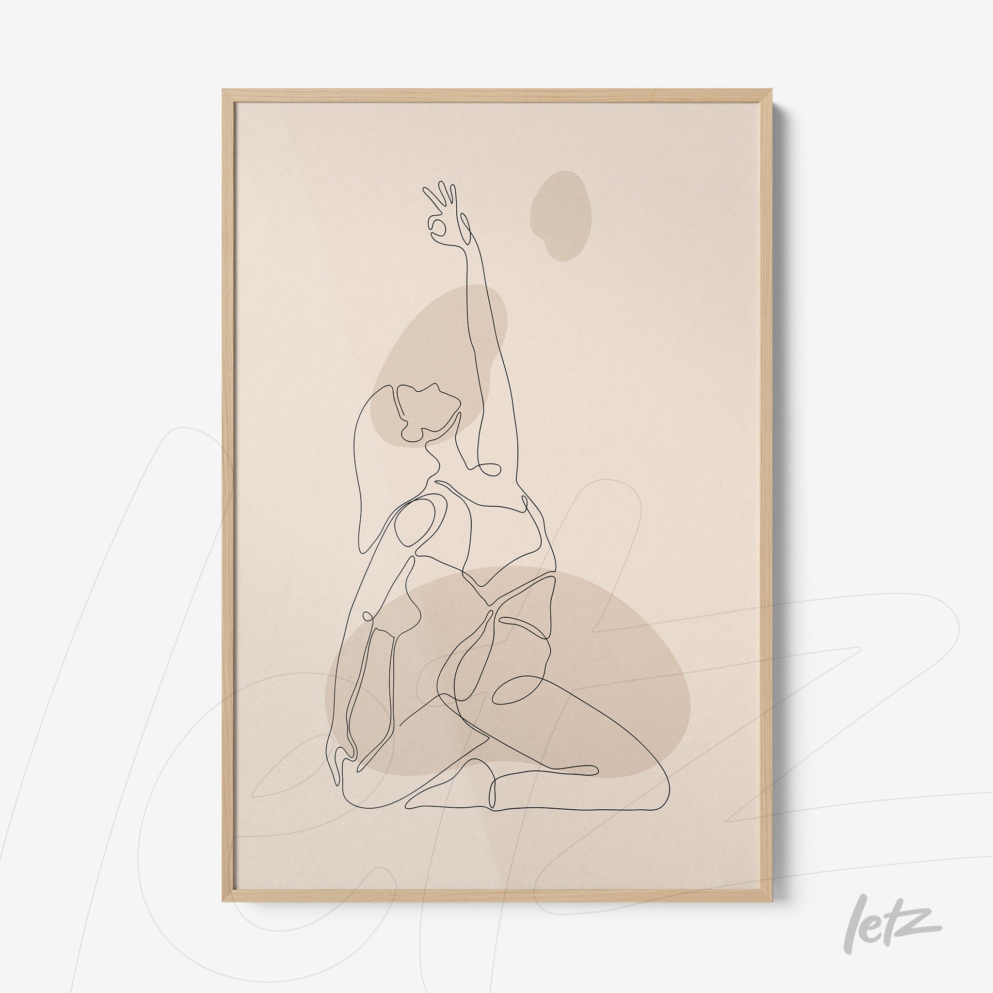 poster of a continuous line drawing of a woman in yoga pose with light wood frame