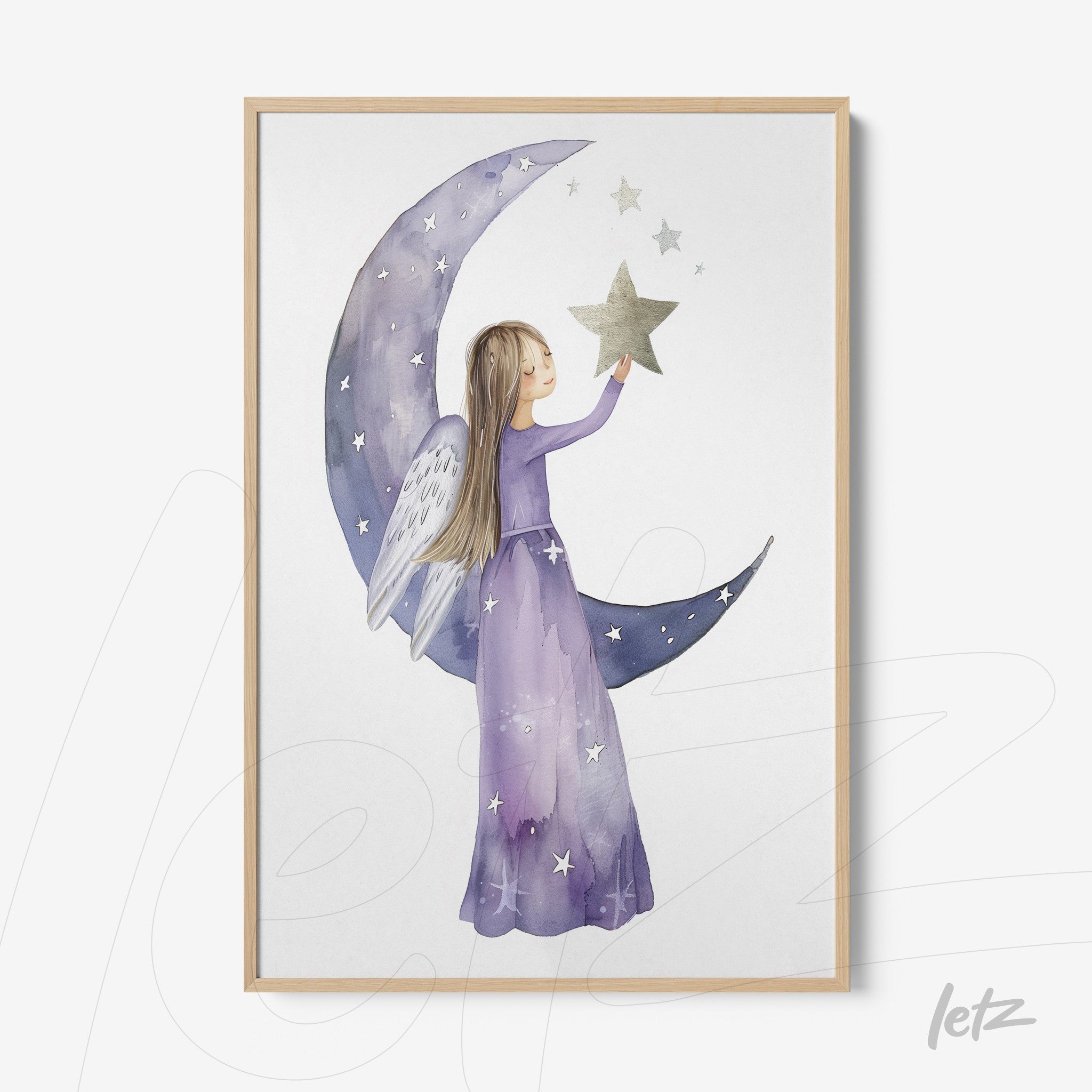 framed artwork of a girl with angel wings reaching for a star against a purple crescent moon background