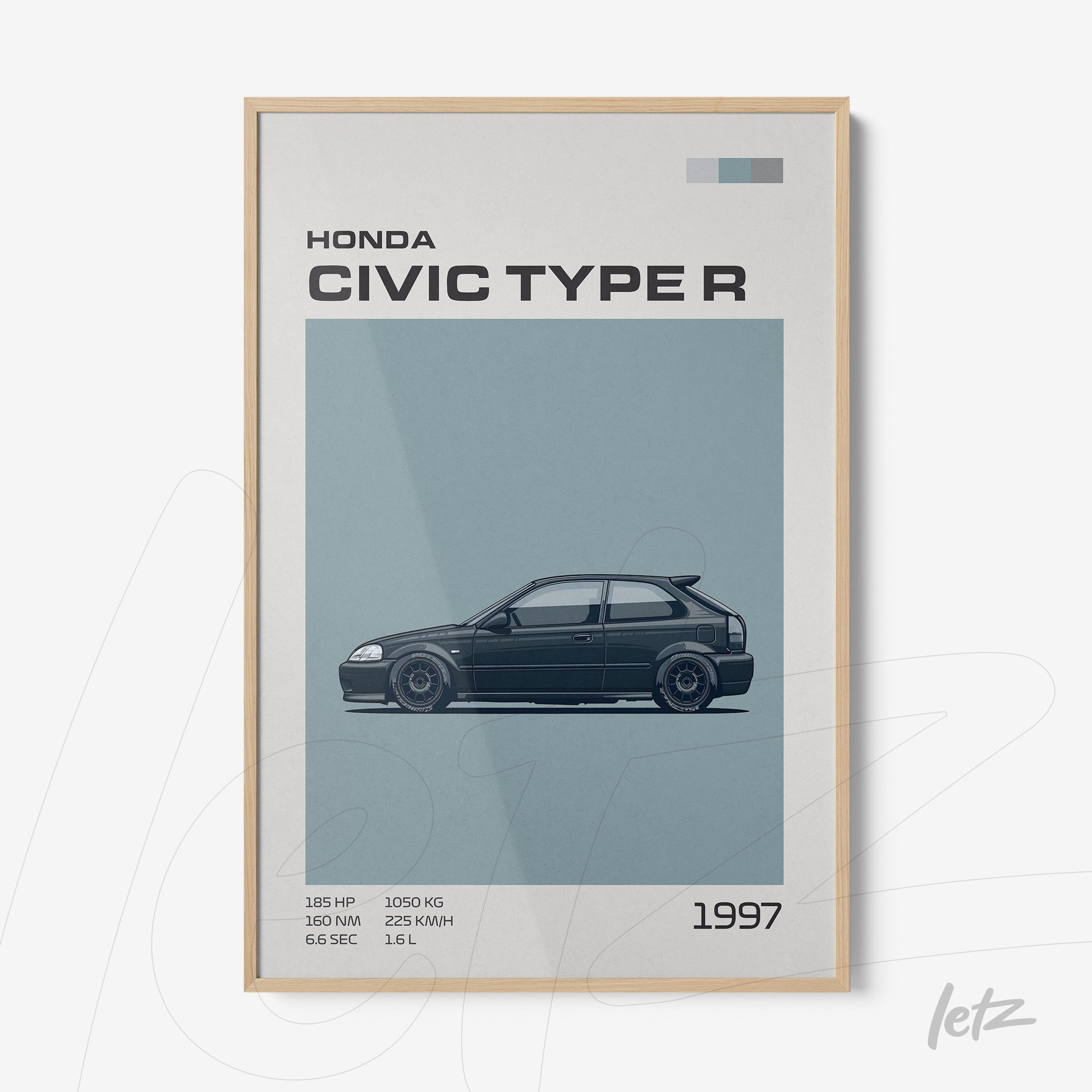 framed artwork featuring the 1997 Honda Civic Type R with a light frame