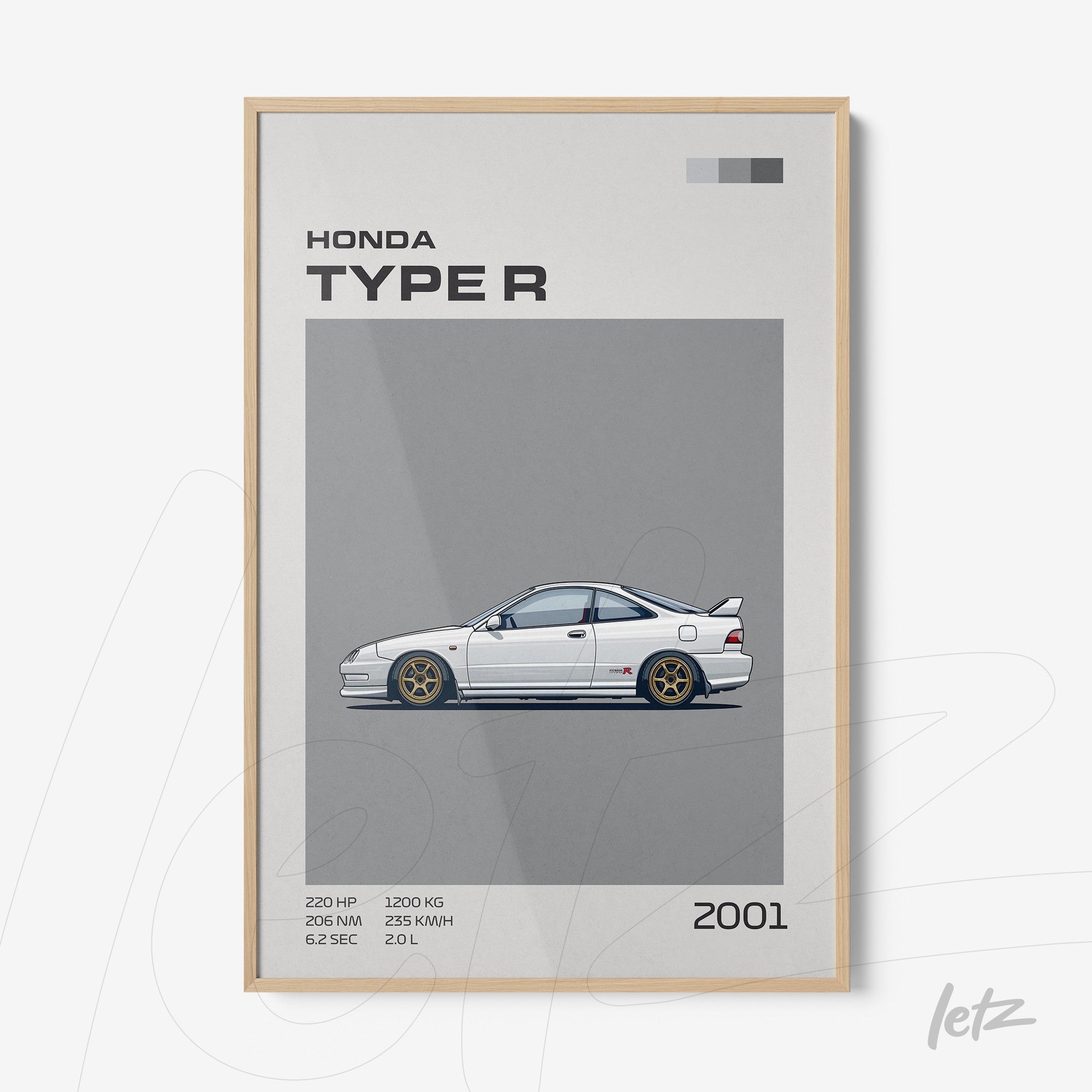 framed art illustration of 2001 Honda Type R with light wood frame