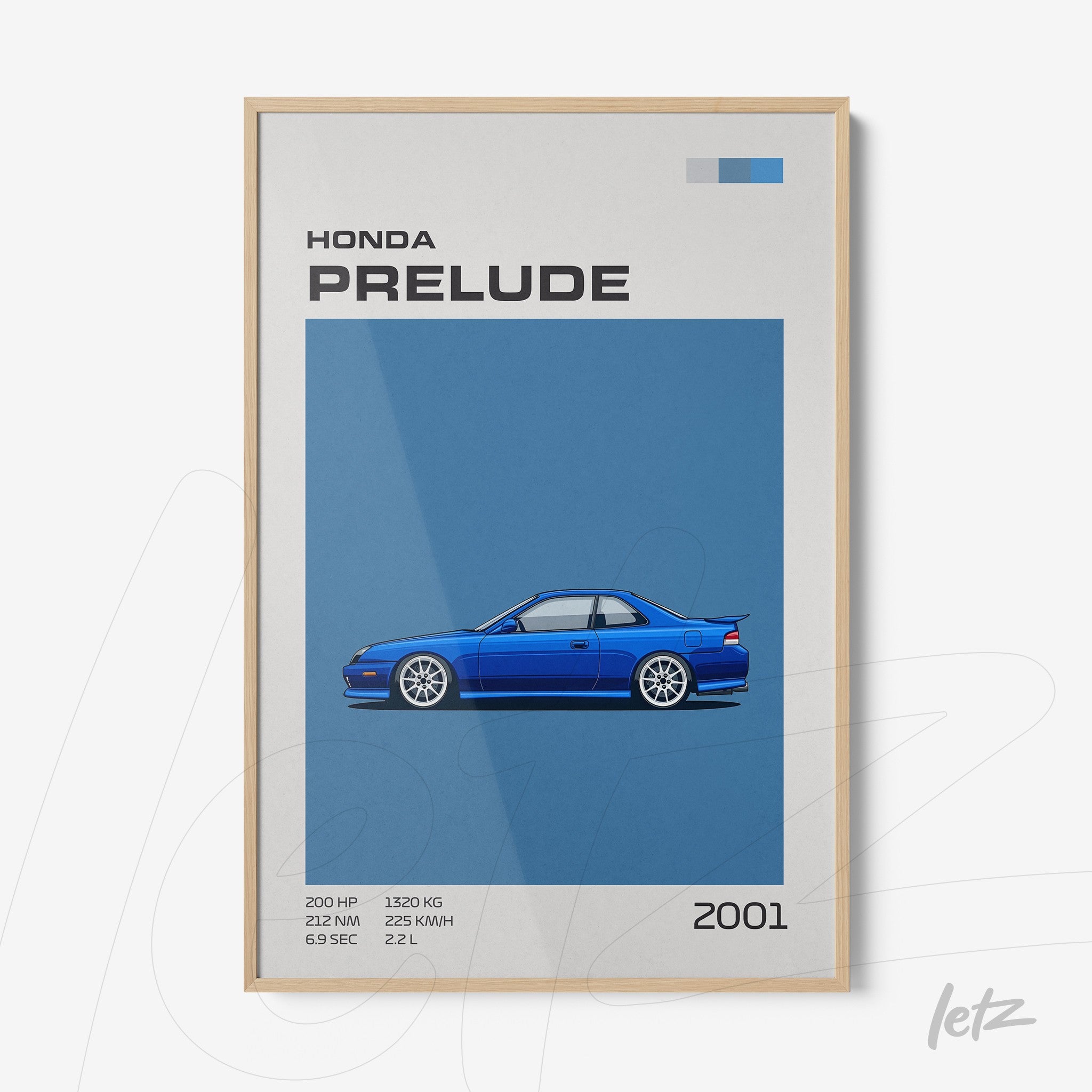framed art print featuring a blue Honda Prelude illustration on solid blue background with light wood frame
