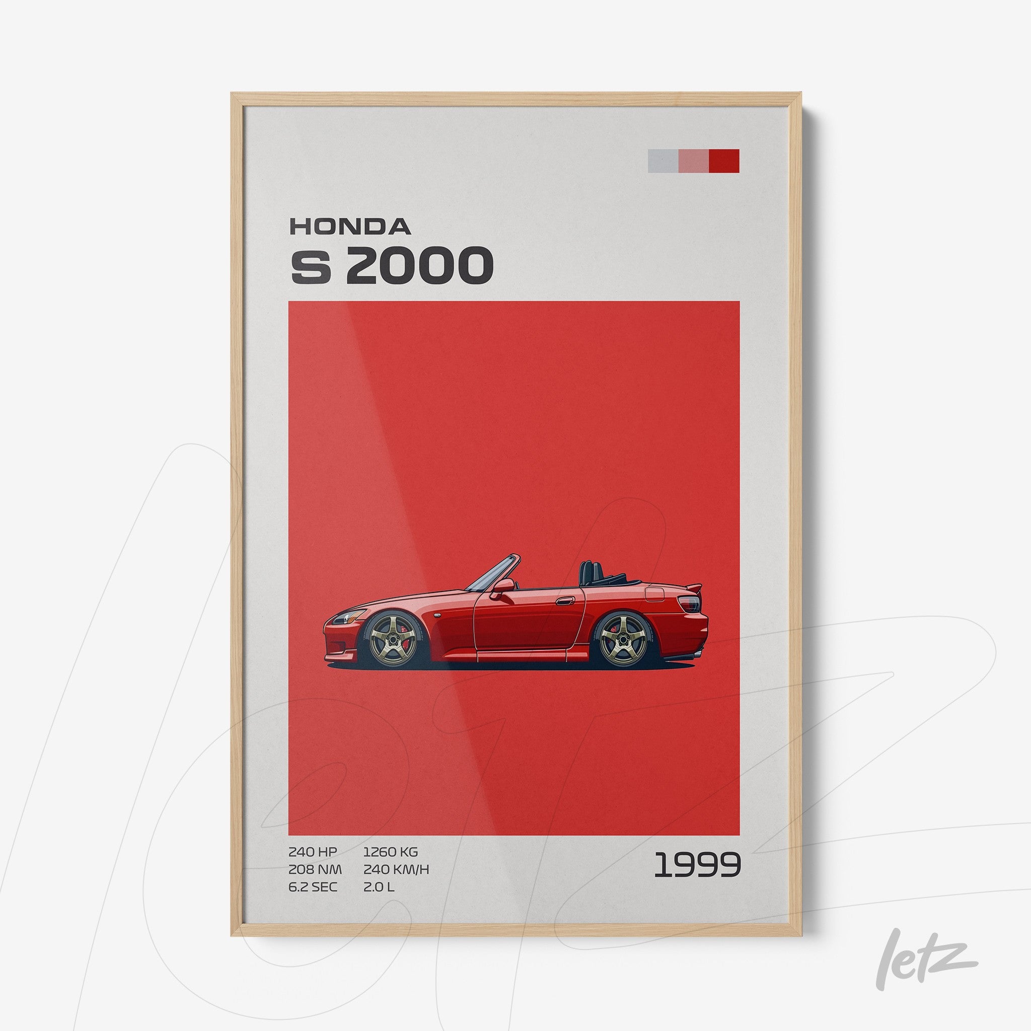 framed wall art featuring a car illustration of the honda s2000 with light wood frame