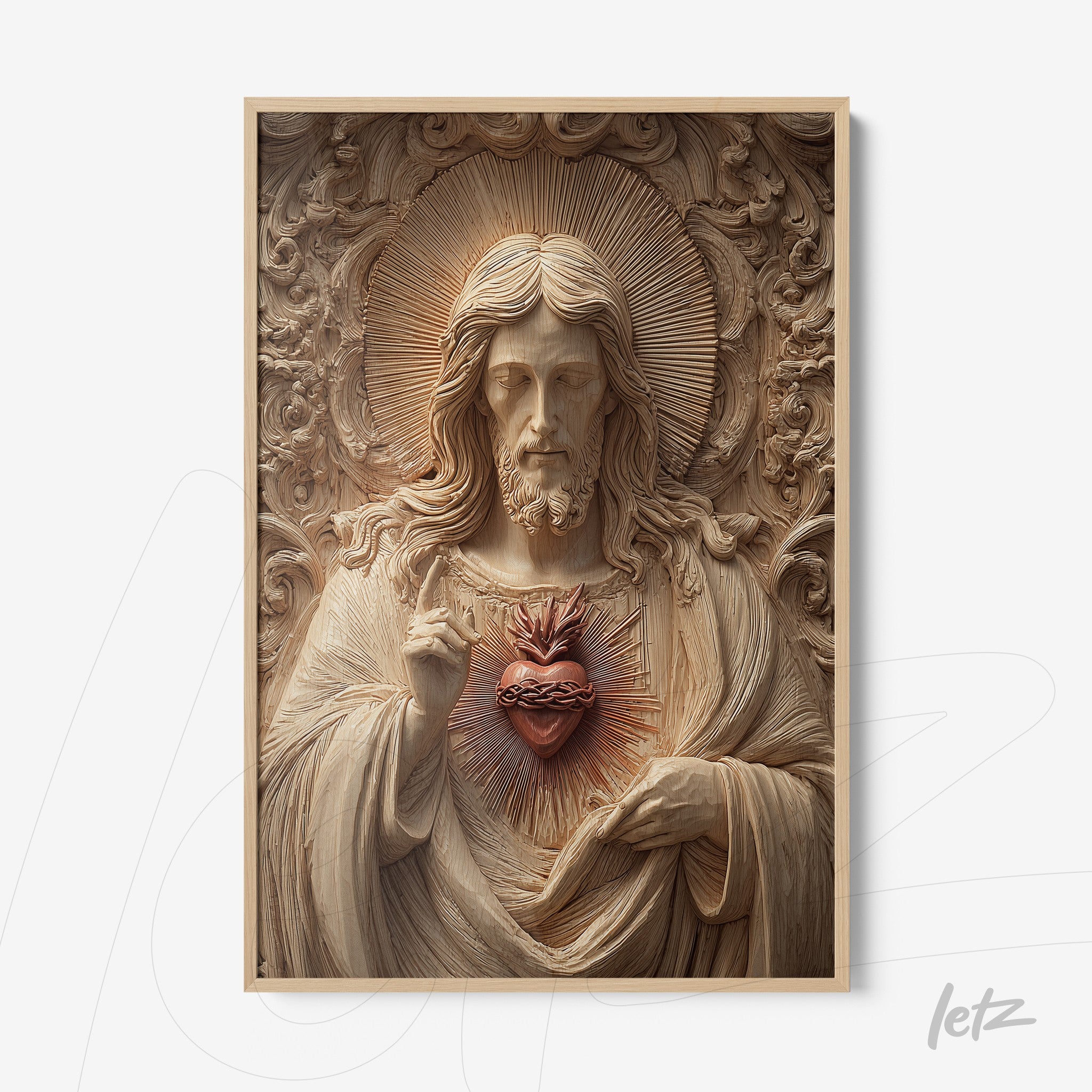 framed wall art featuring a detailed relief sculpture of Jesus Christ with the Sacred Heart