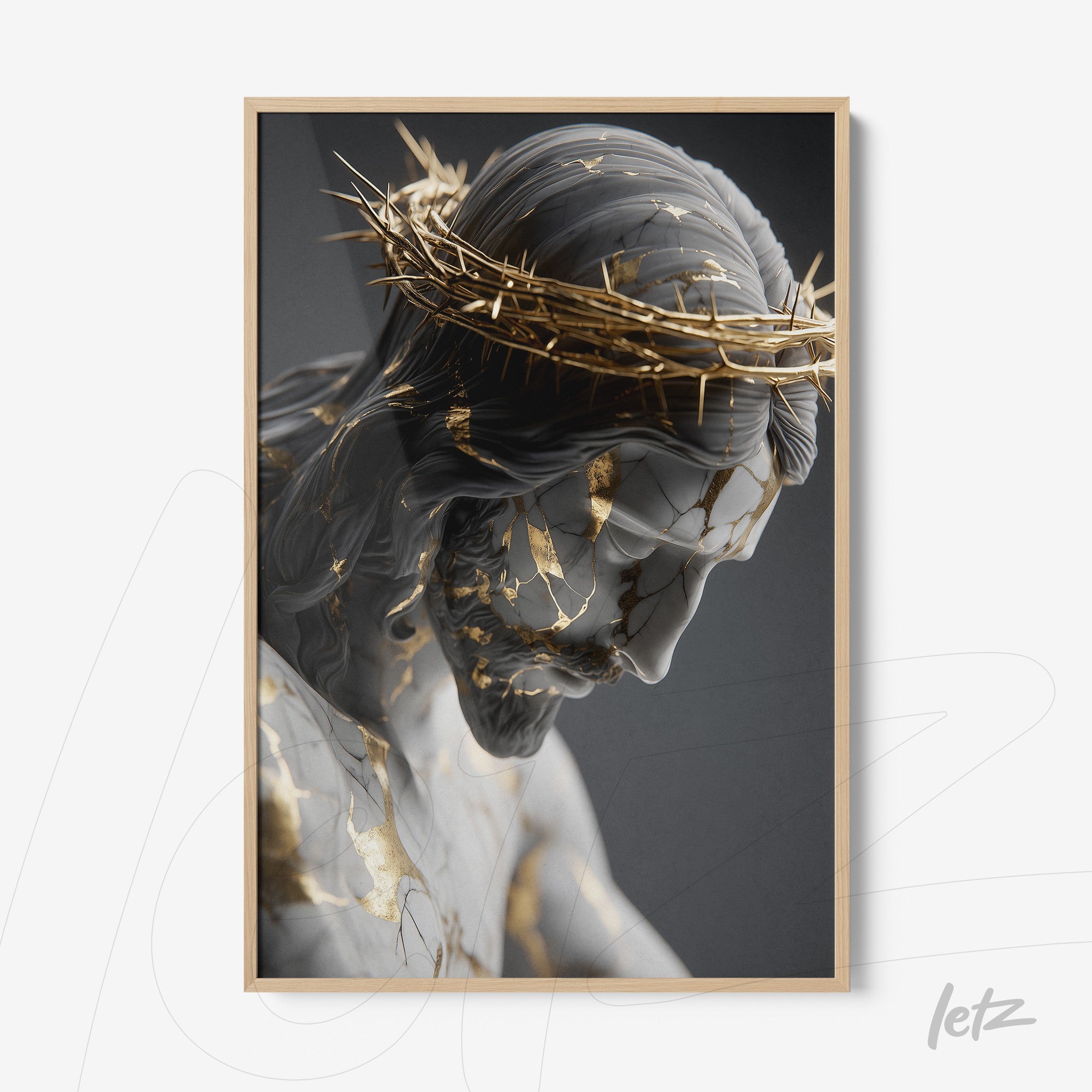 framed artwork featuring a sculpture of Christ with a crown of thorns and golden details in light wood frame