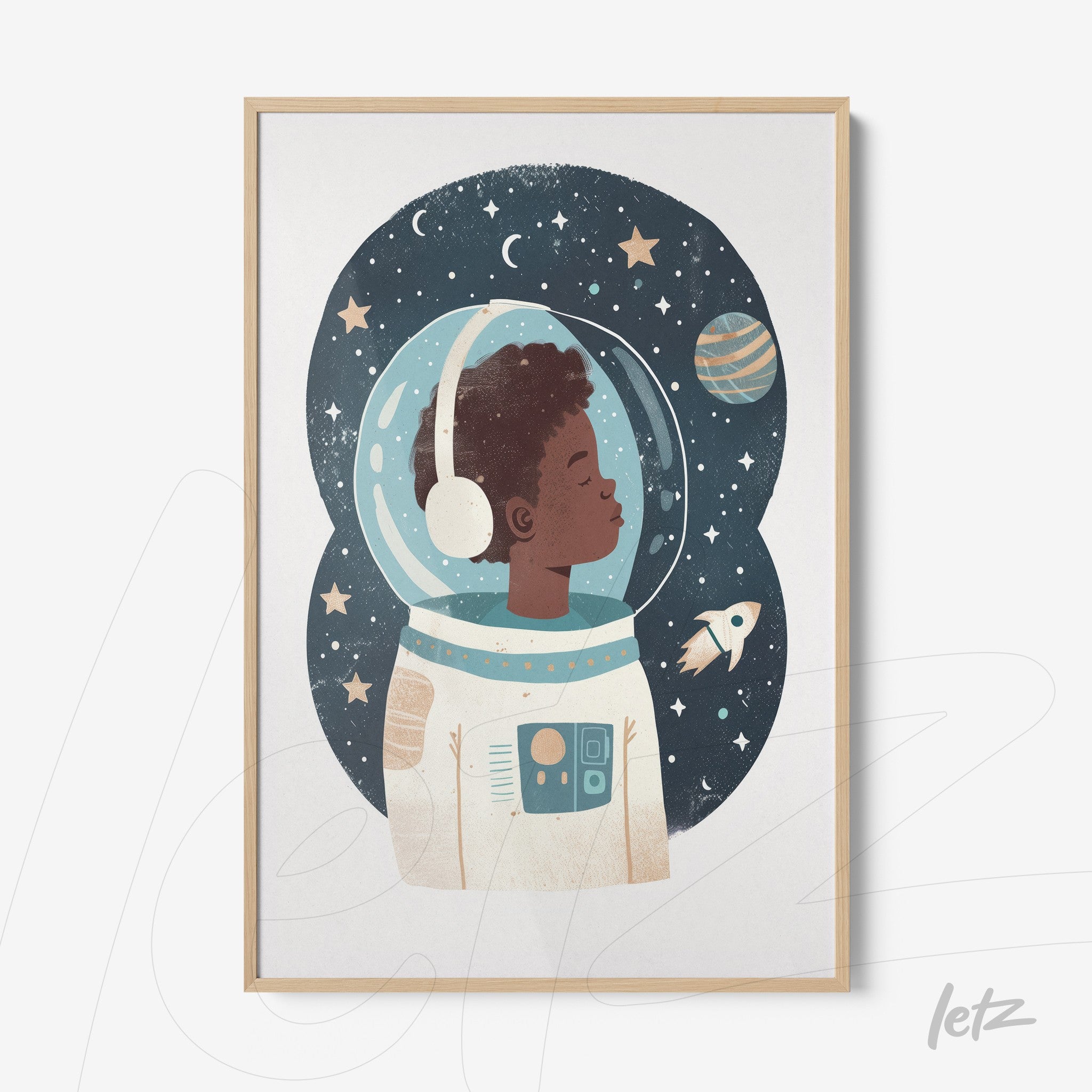 framed art of a child astronaut with a transparent helmet and starry background