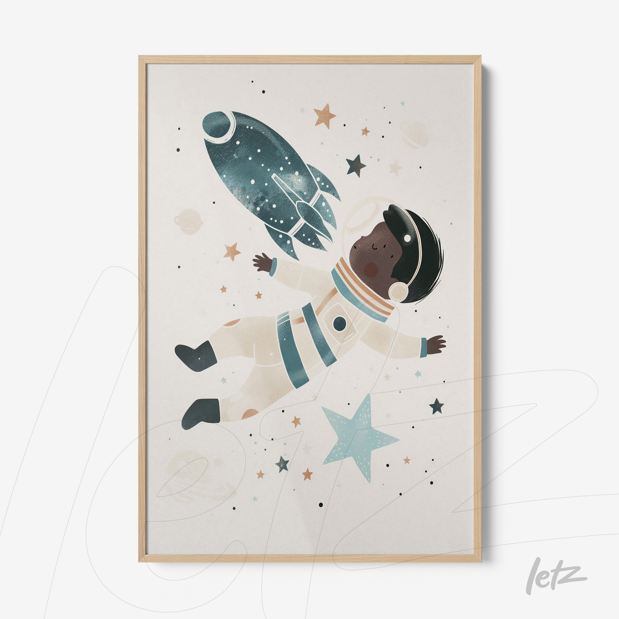 framed artwork of a child astronaut floating in space surrounded by stars and a rocket ship with a light wood frame