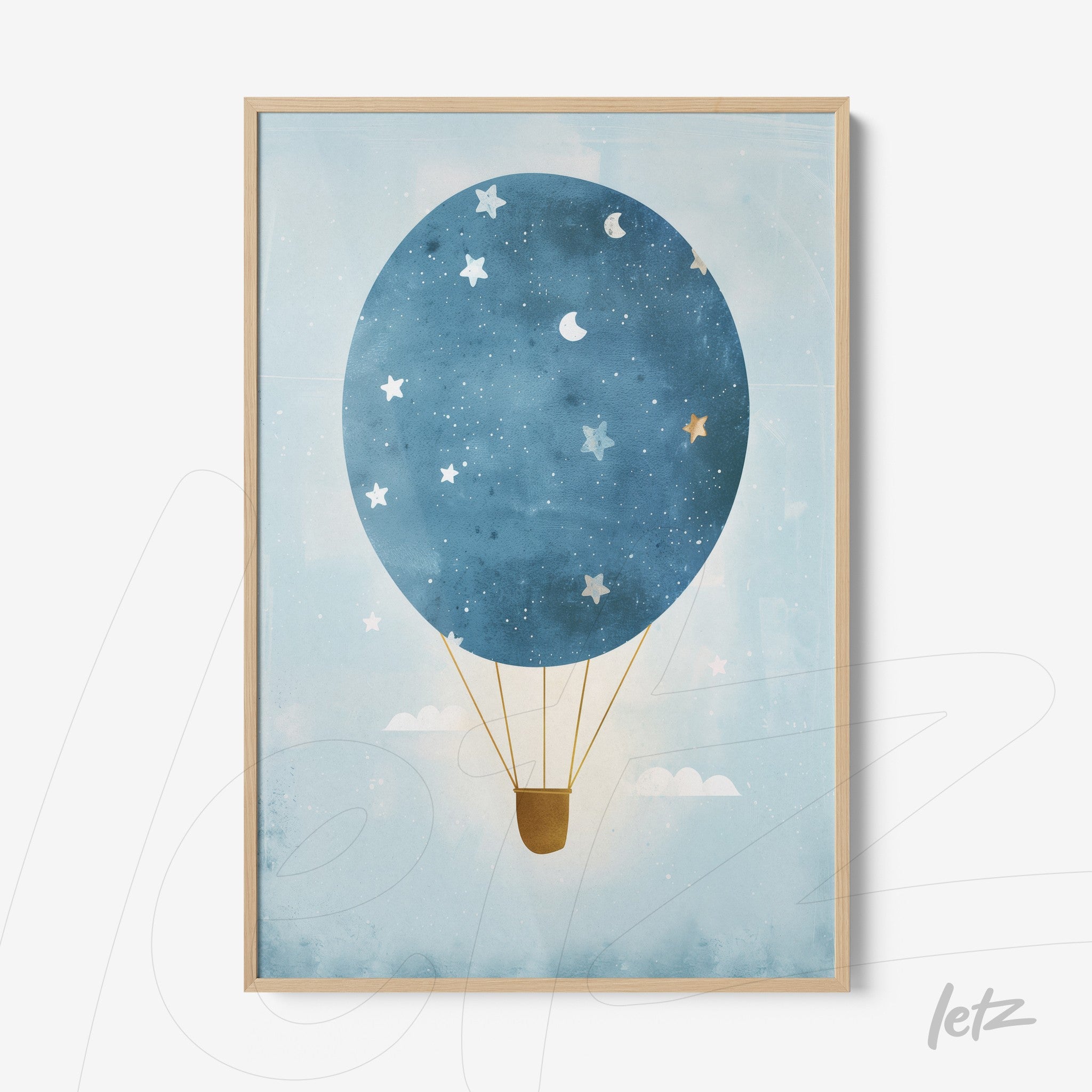 framed wall art featuring a hot air balloon in blue with stars and moon on a soft background with light wood frame