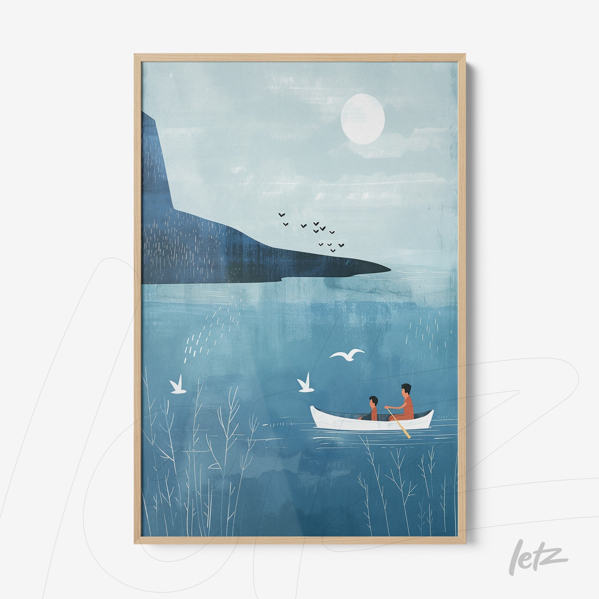 framed artwork depicting two people in a boat on a lake with a blue background and nature elements