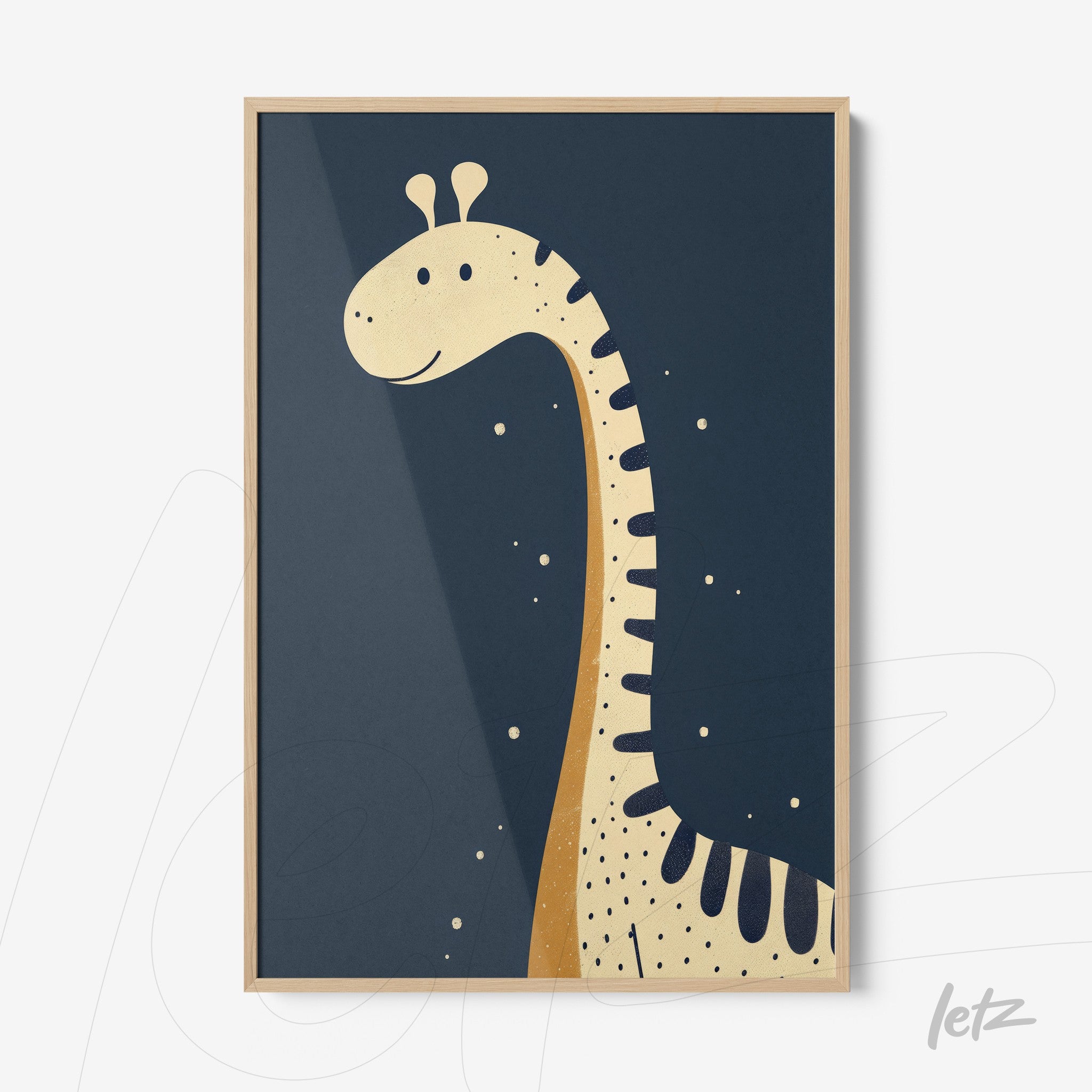 framed wall art featuring a giraffe on a dark blue background with a light wood frame