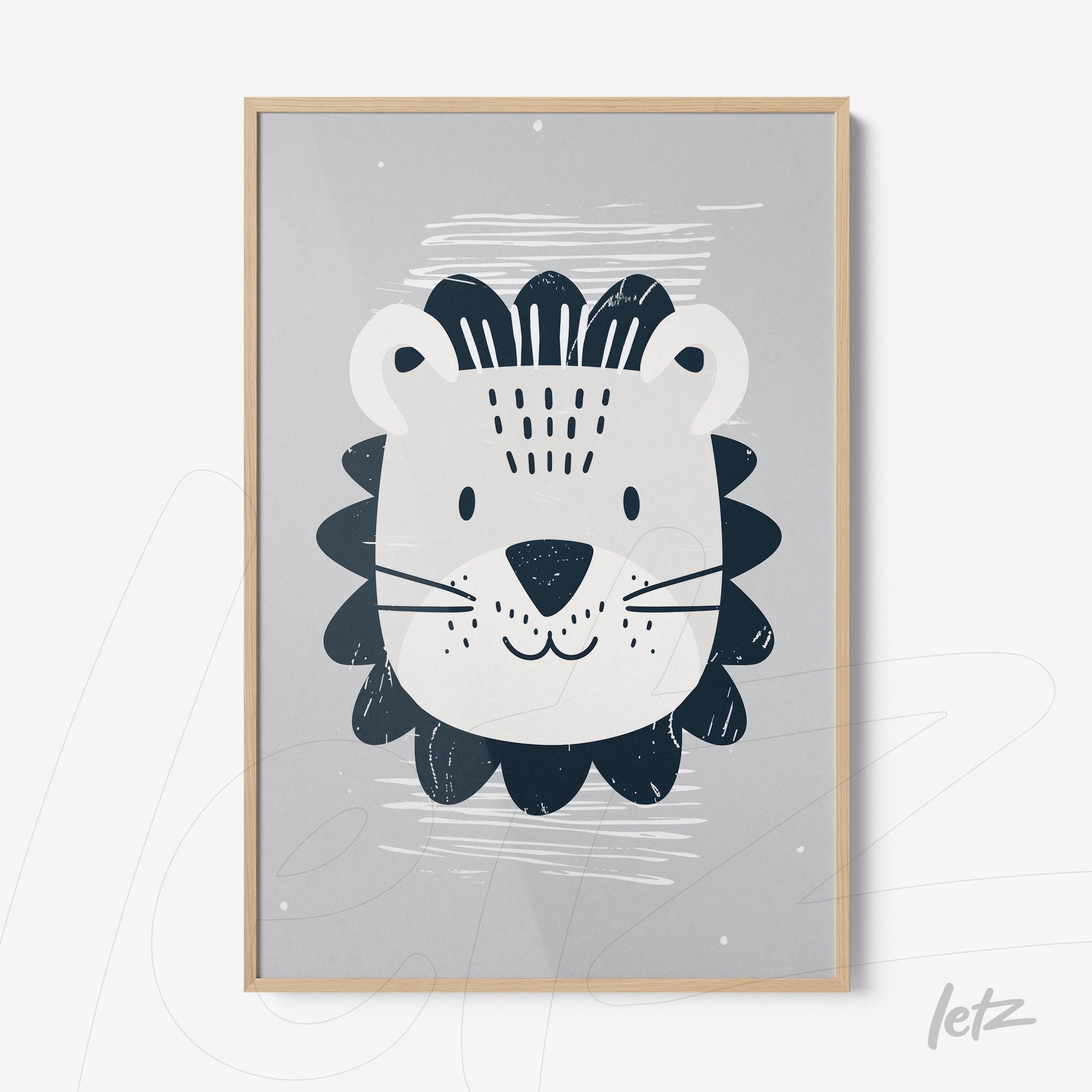 framed wall art featuring a lion illustration on gray background with light wood frame