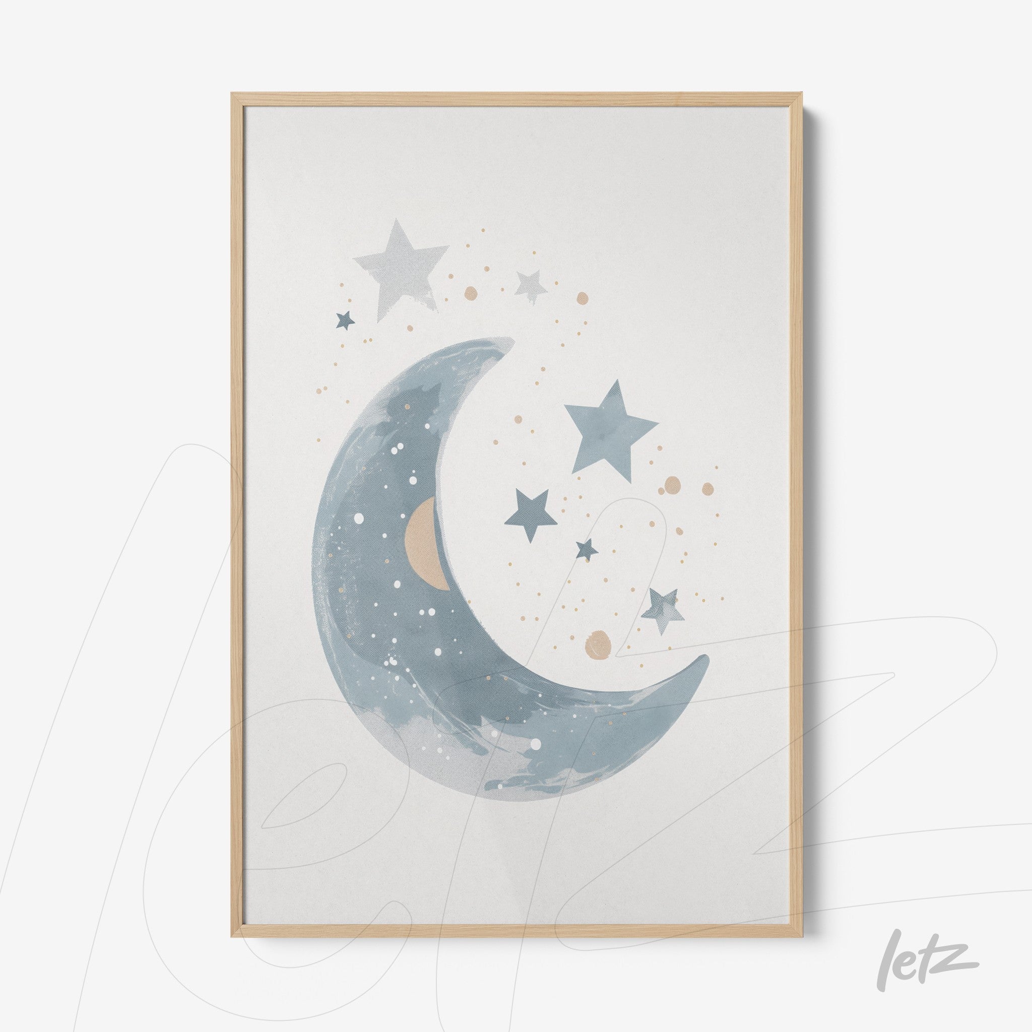 framed artwork featuring a soft blue crescent moon with stars on a light background and a light wood frame