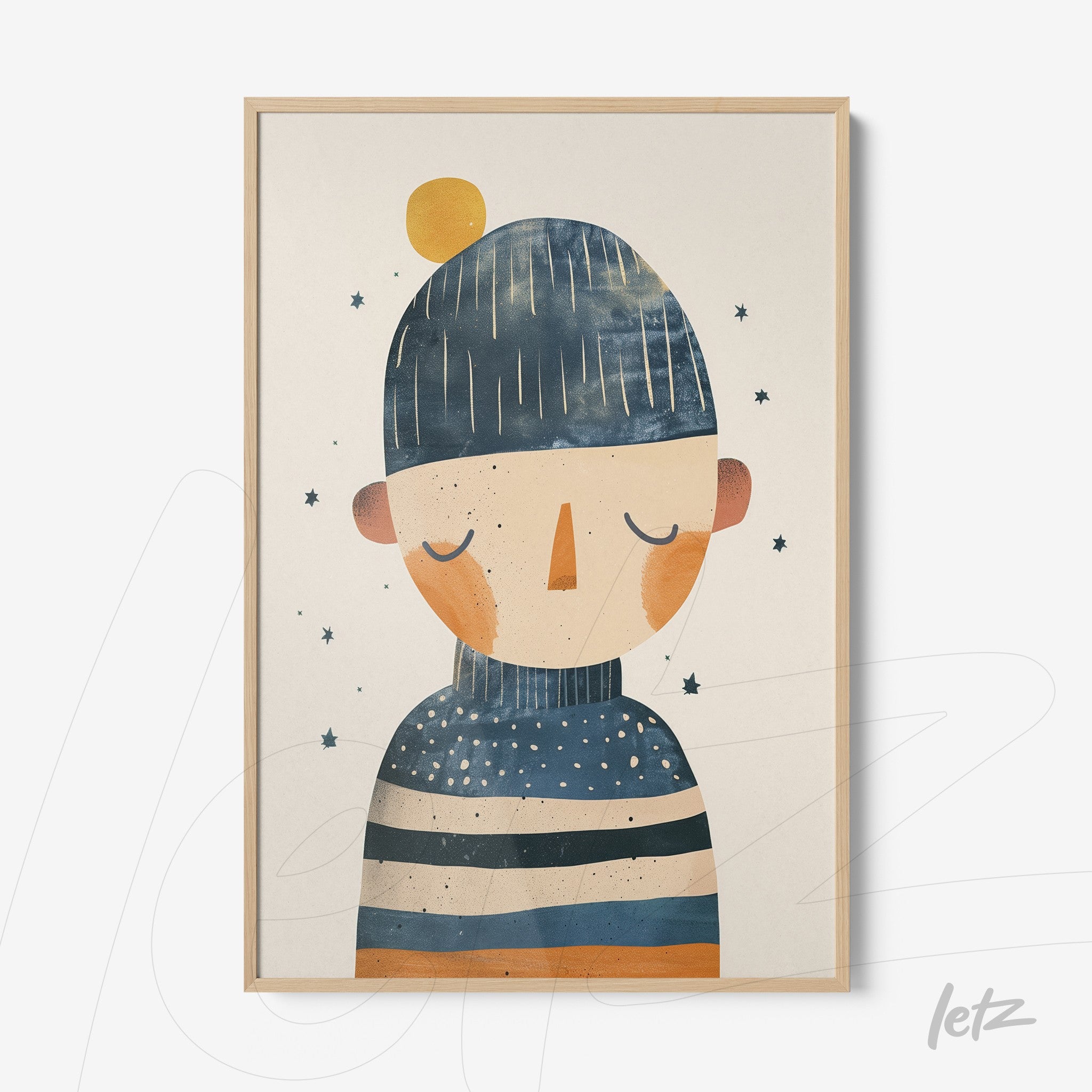 framed wall art depicting a childlike character wearing a blue hat and colorful stripes