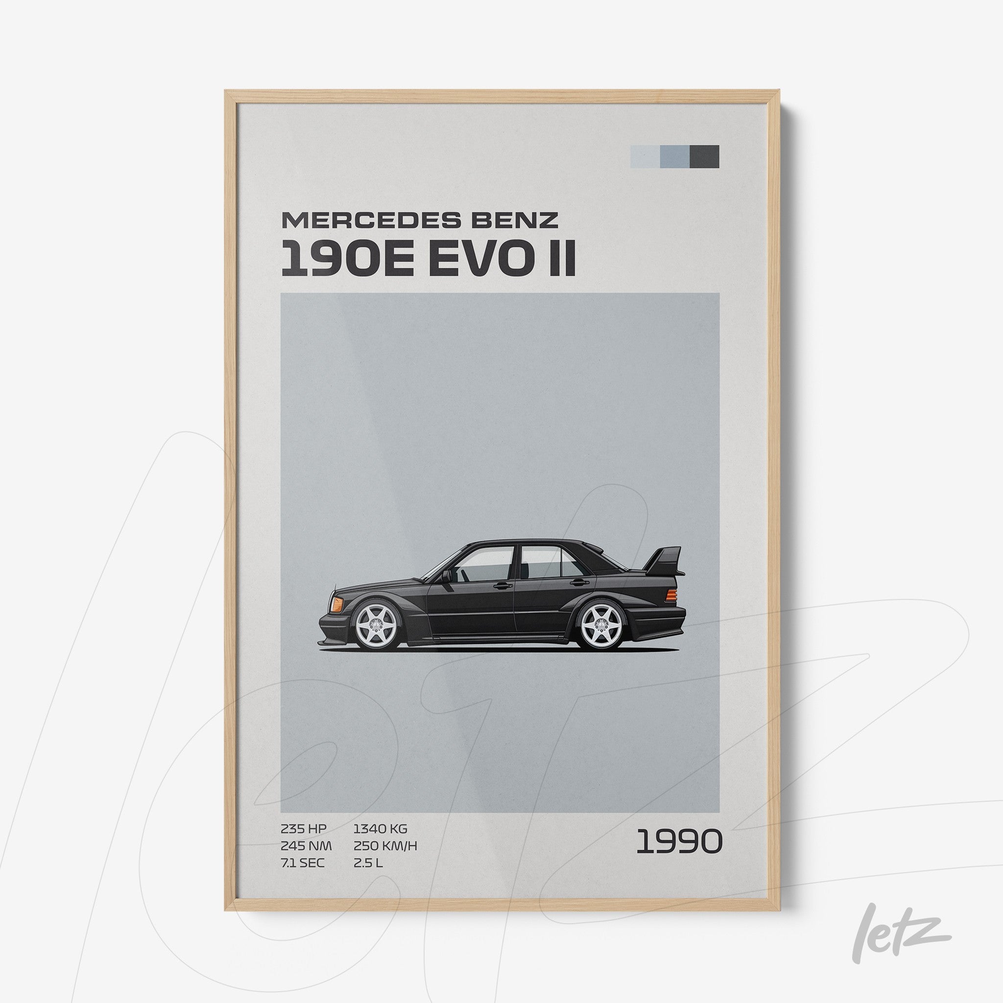 framed art with illustration of Mercedes Benz 190E EVO II car, gray background with text details