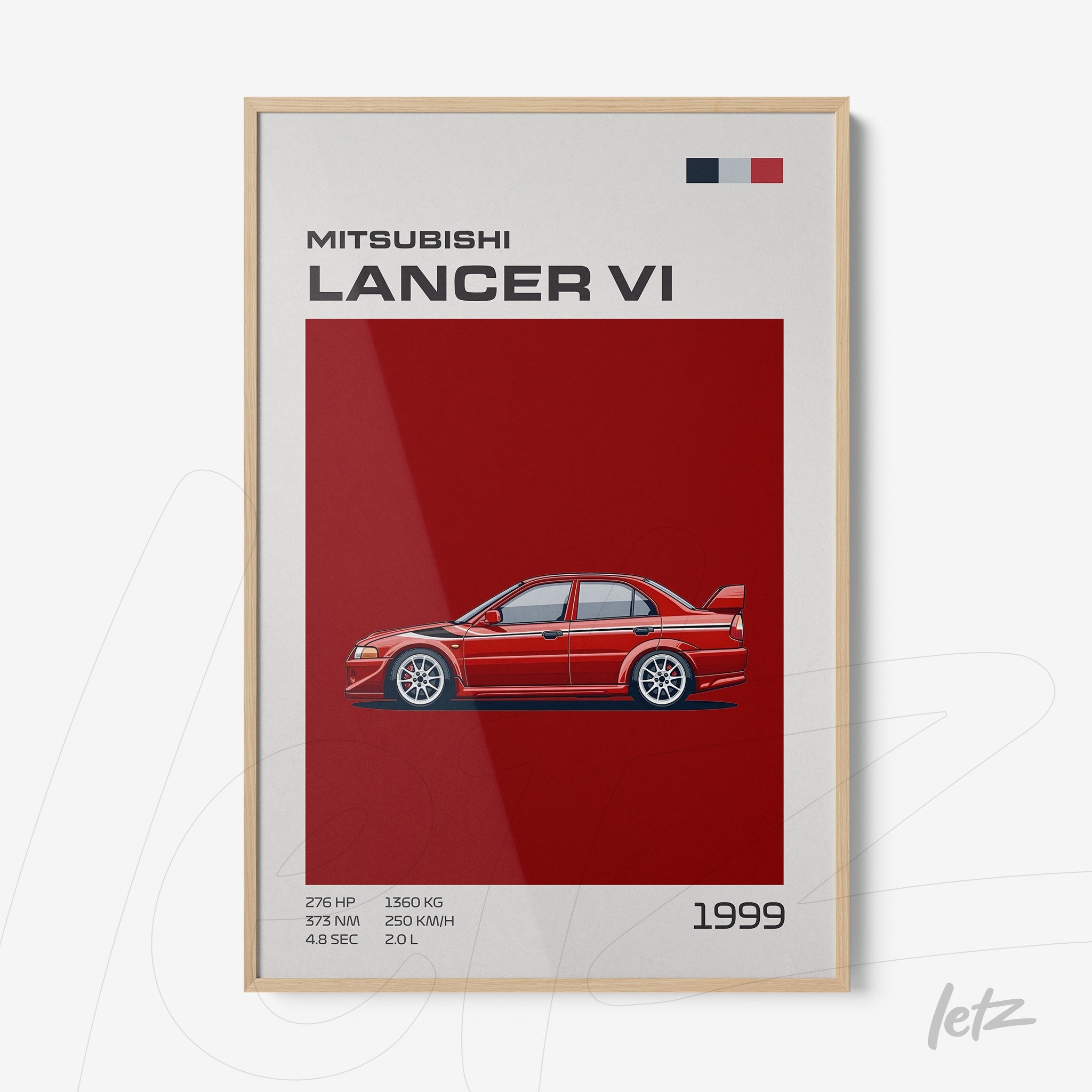 framed art print of 1999 Mitsubishi Lancer VI in light wood frame