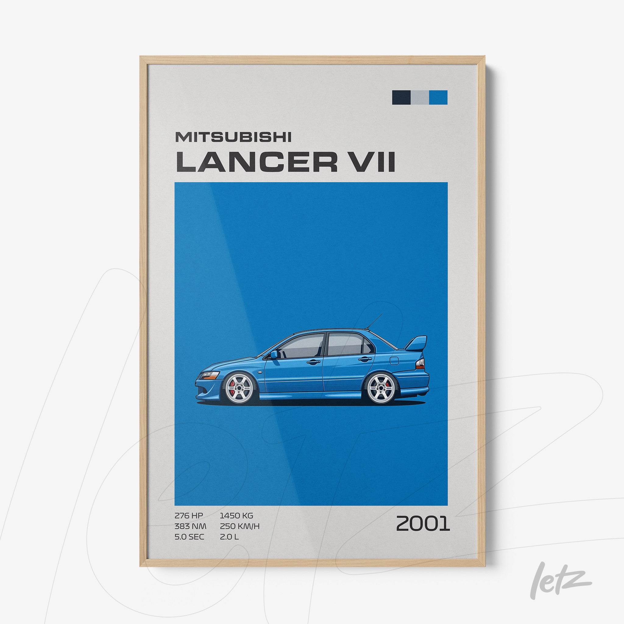 framed art showcasing a stylized illustration of the Mitsubishi Lancer VII against a blue background