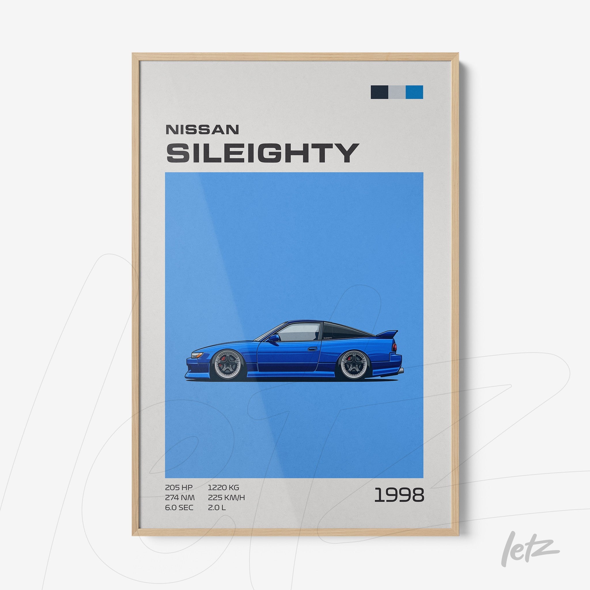 framed wall art featuring an illustration of the Nissan Sil80 on a vibrant blue background with a light wood frame