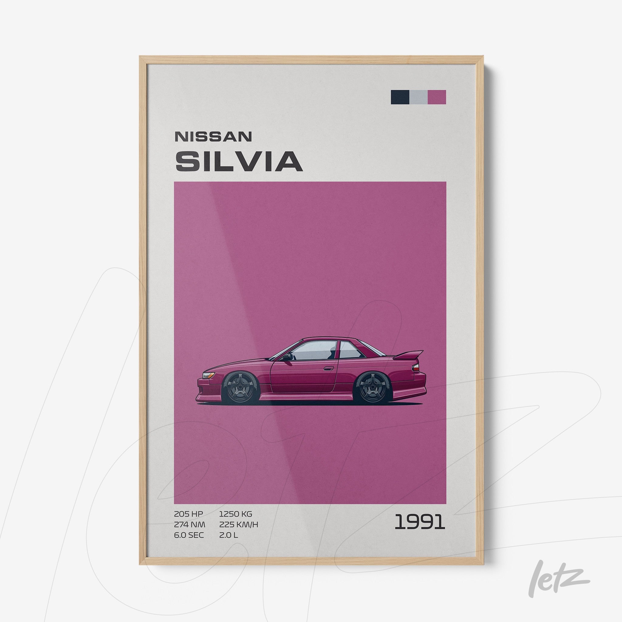 framed illustration of Nissan Silvia car in pink background with light wood frame