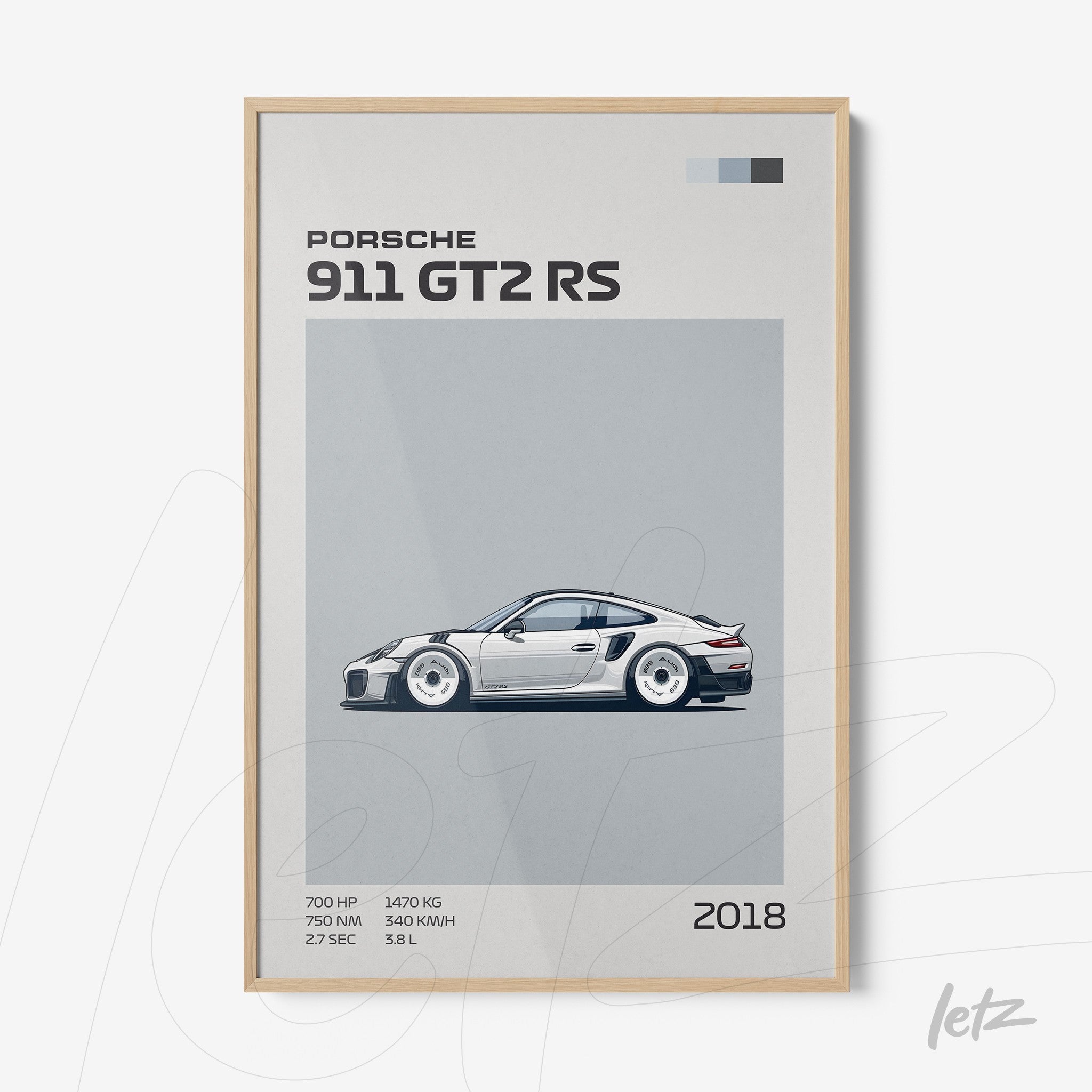framed artwork featuring a minimalist illustration of Porsche 911 GT2 RS in light wood frame