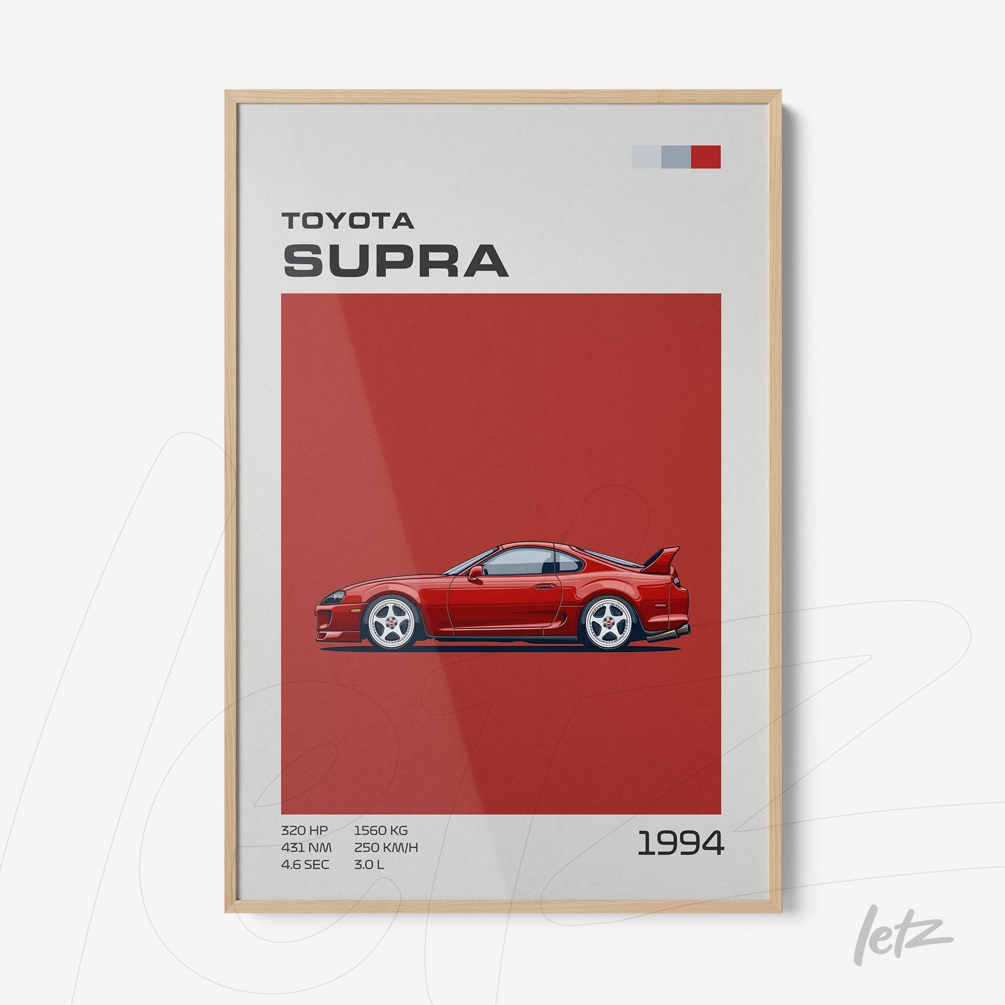 framed wall art featuring a red Toyota Supra illustration with a vibrant red background and light frame