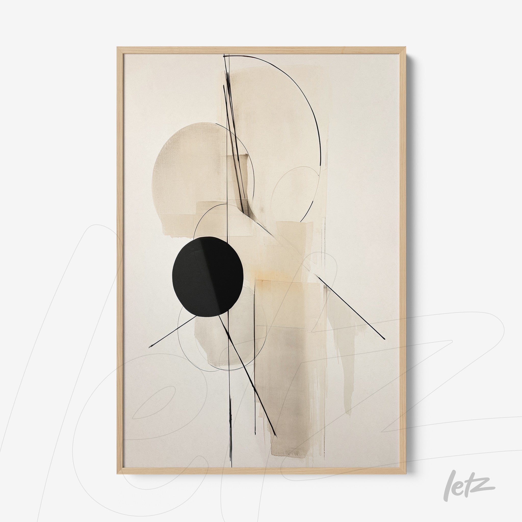 framed wall art featuring abstract design in neutral tones with asymmetrical geometric shapes on light background and light wood frame