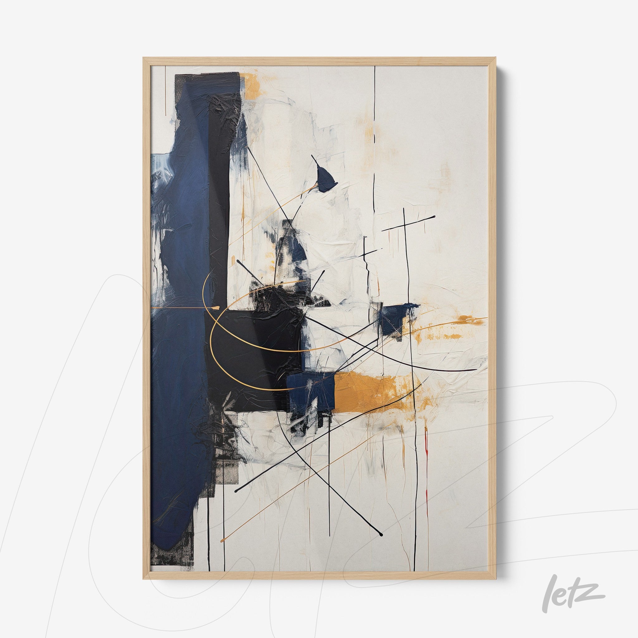 abstract wall art featuring geometric shapes in blue and gold with a light frame