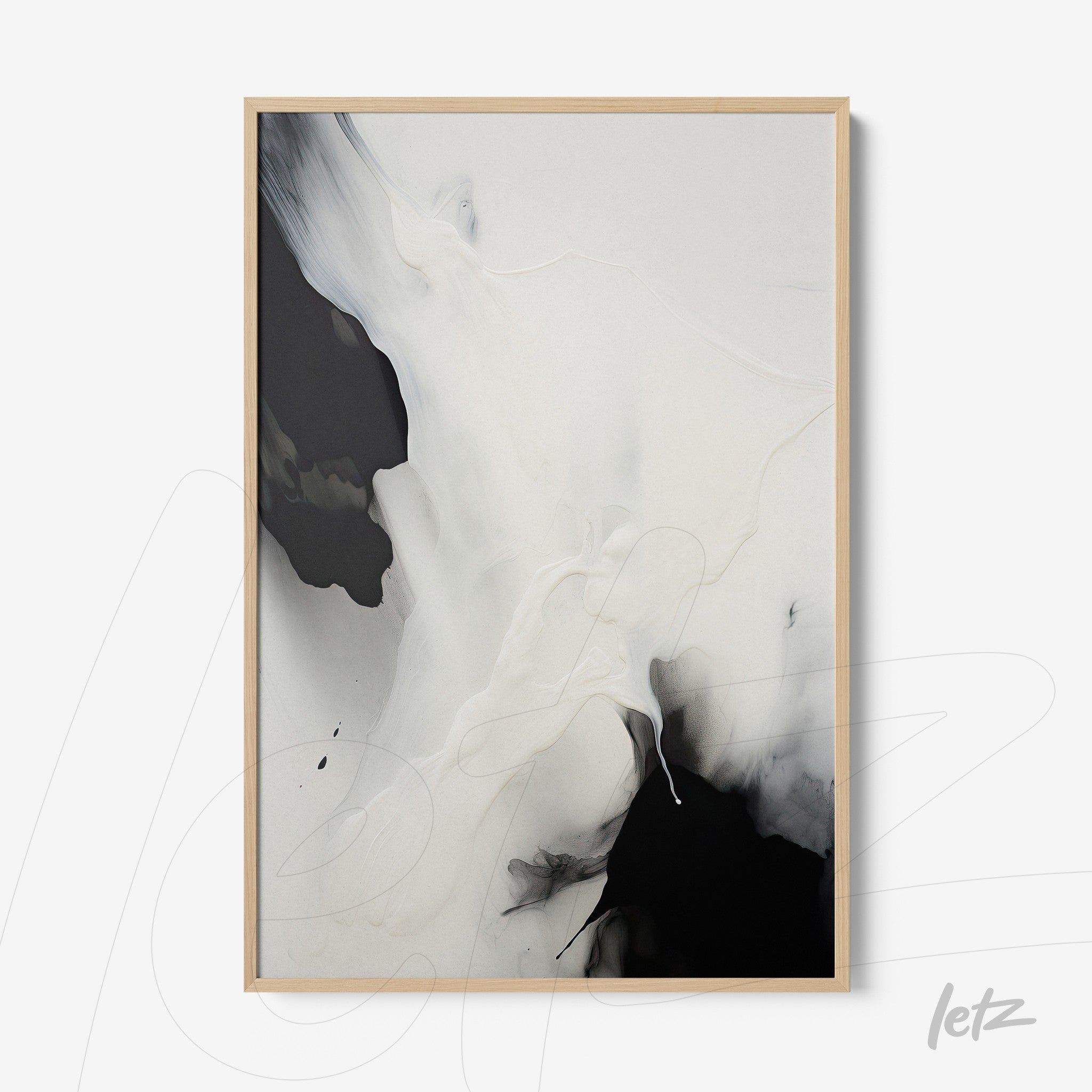 abstract artwork with black and white swirls in light wood frame