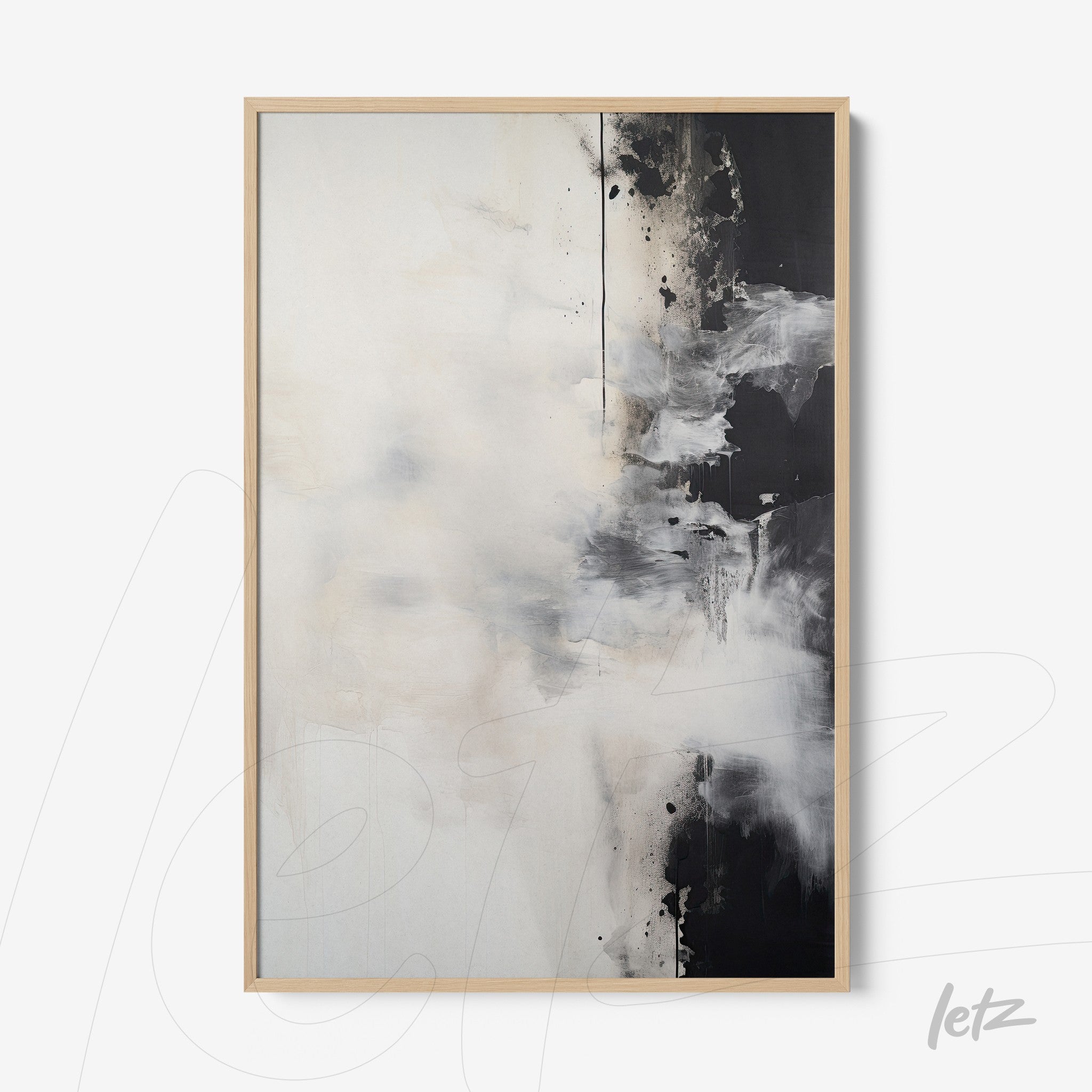 canvas wall art featuring abstract design in black and white with light wood frame