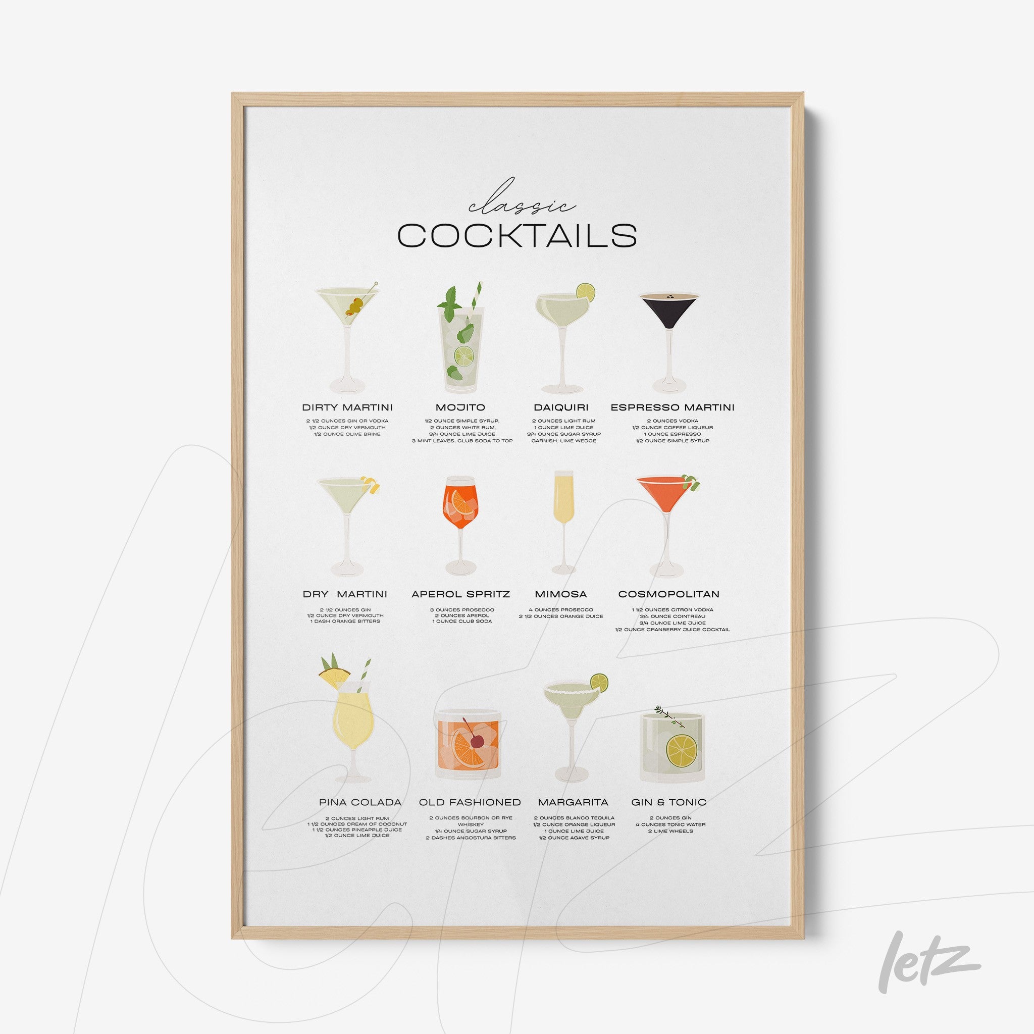 framed artwork featuring illustrations of classic cocktails with a light wood frame and white background