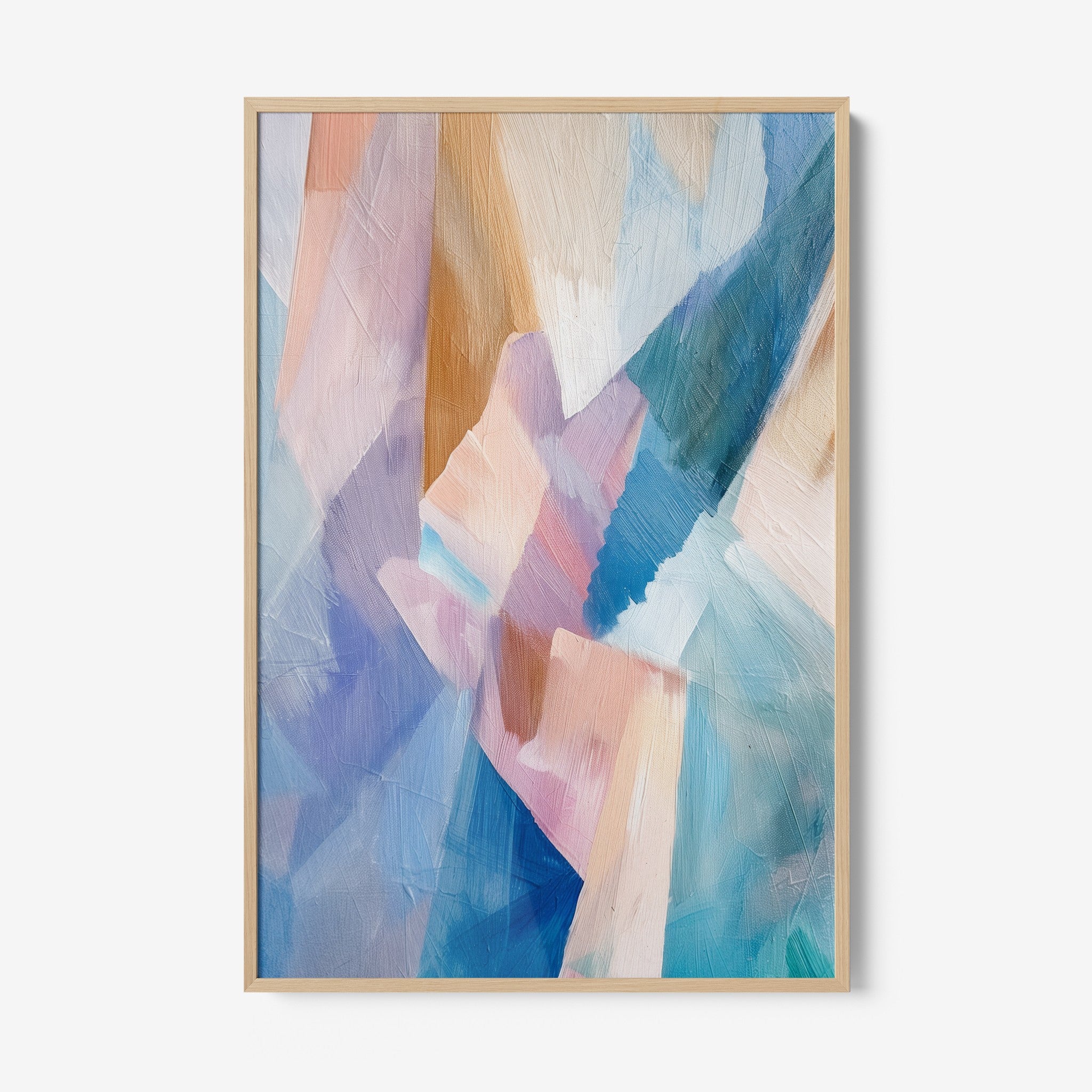 abstract artwork in soft shades of blue, pink, and beige with light wood frame