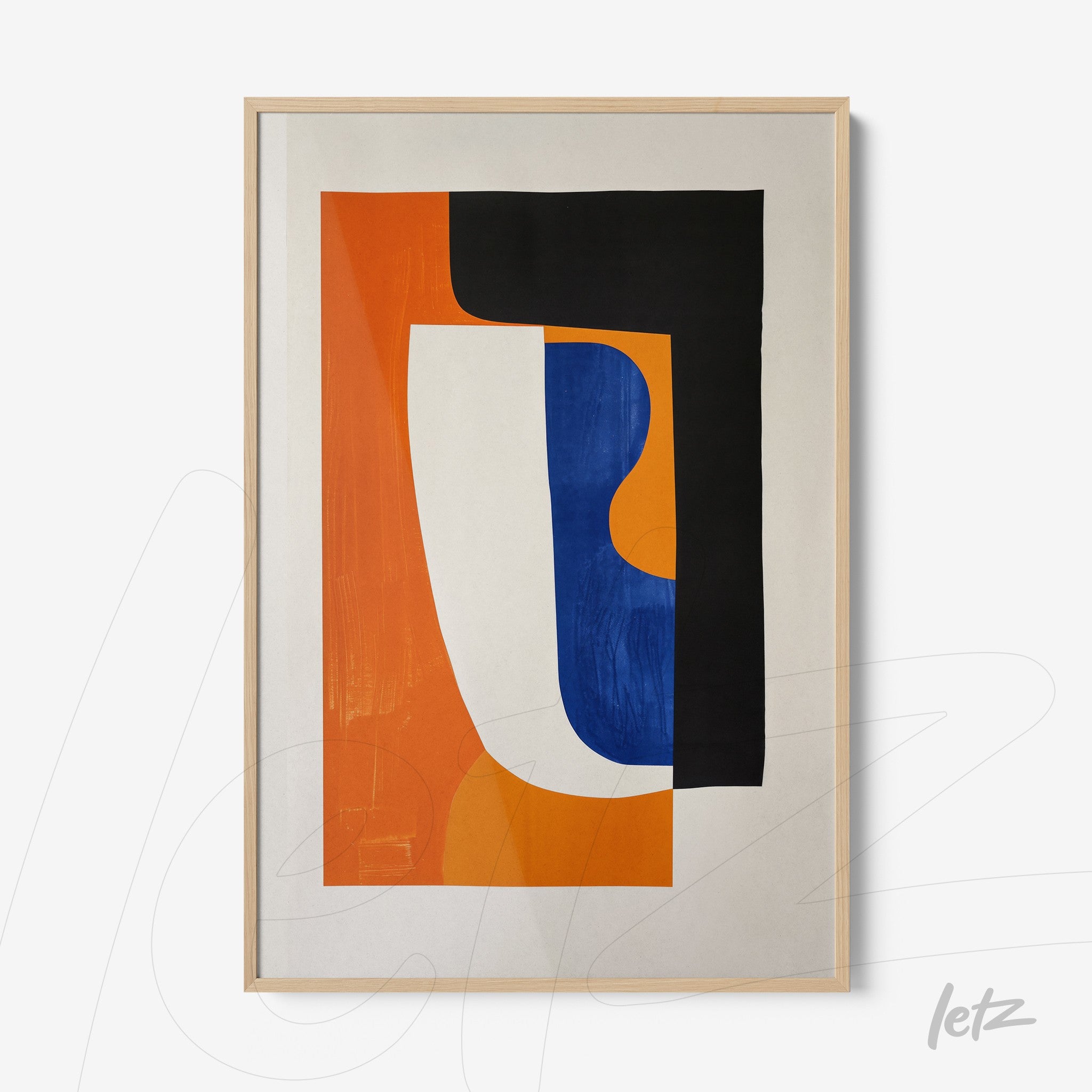 abstract wall art in orange, blue and black tones with light wood frame