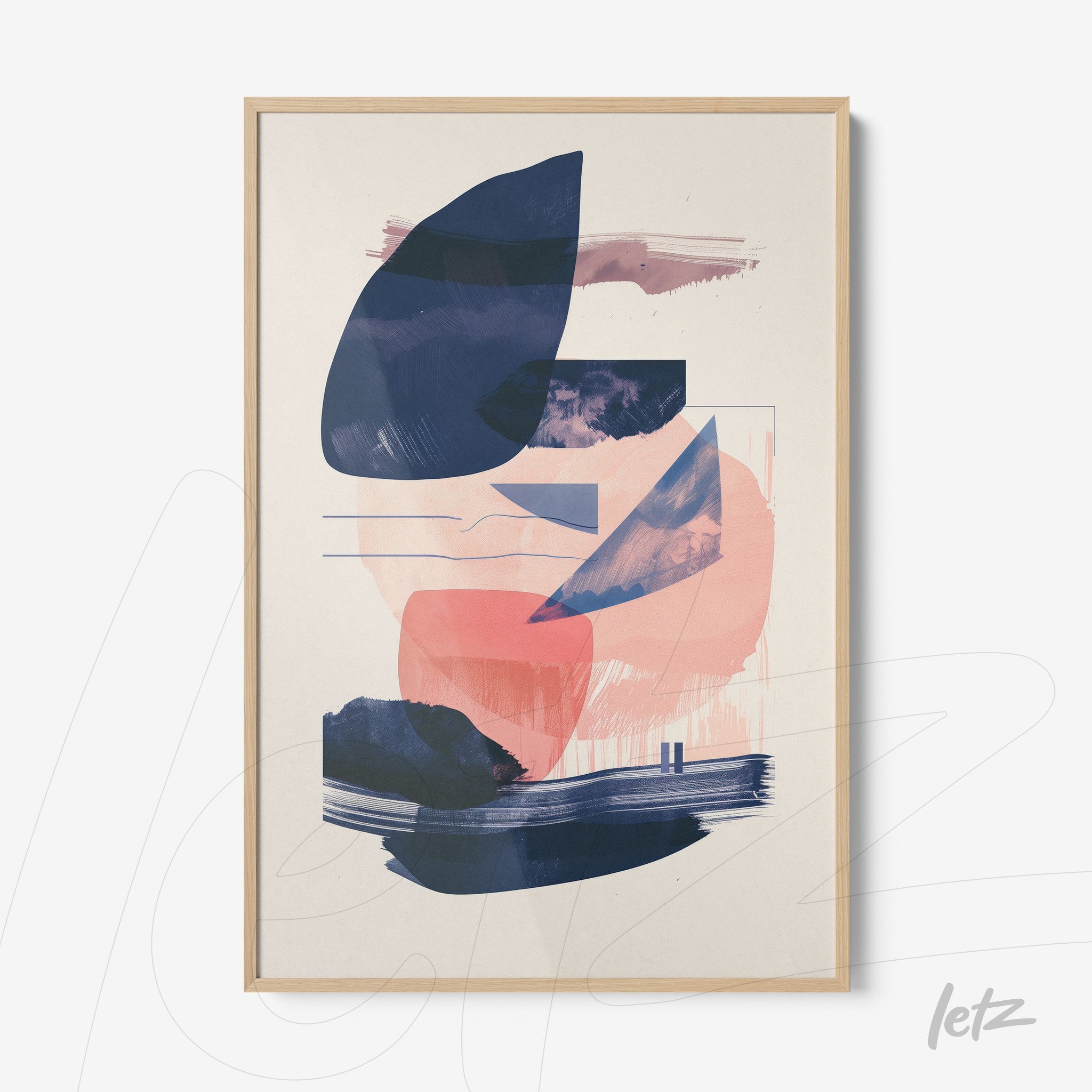 framed abstract artwork in shades of blue and pink with light wood frame