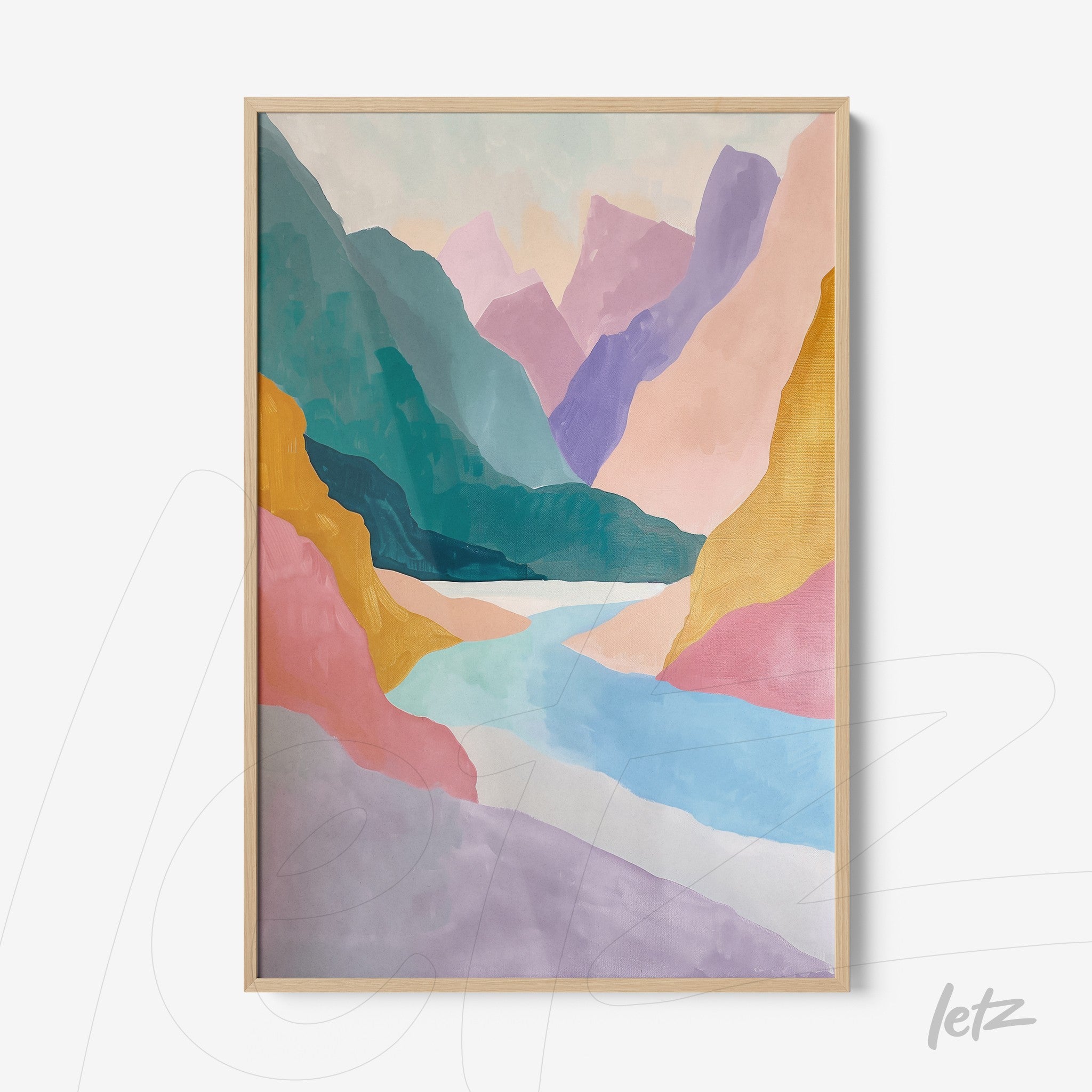 framed abstract artwork of a mountainous landscape in light wood frame