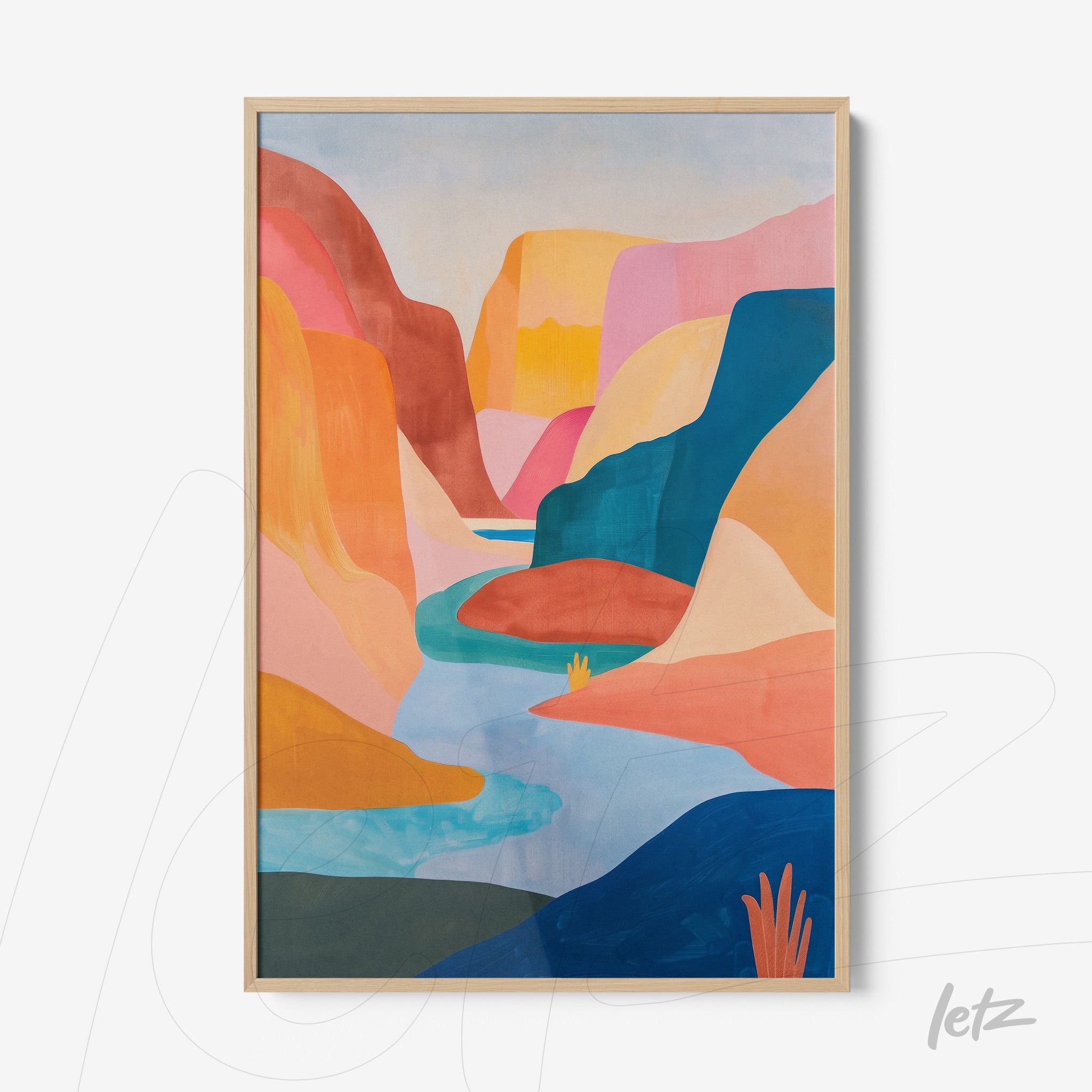 framed art piece featuring an abstract landscape with colorful mountains and a winding river in light wood frame