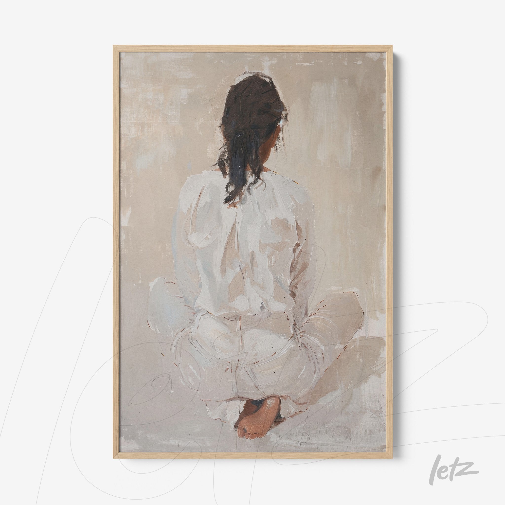 contemporary framed artwork of a woman sitting with her back turned, featuring neutral tones with a light frame