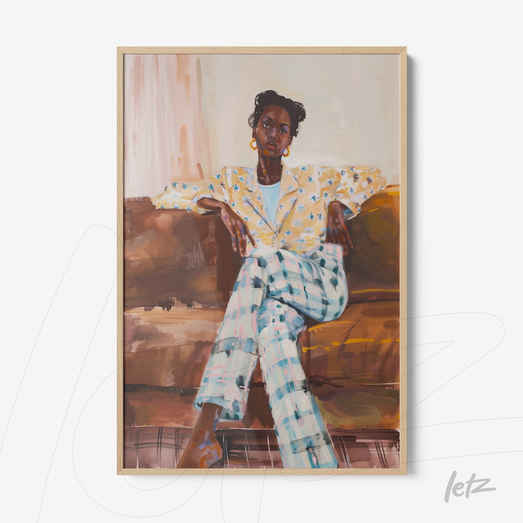 framed artwork depicting a seated woman on a sofa, wearing a patterned jacket and plaid pants with a light wood frame
