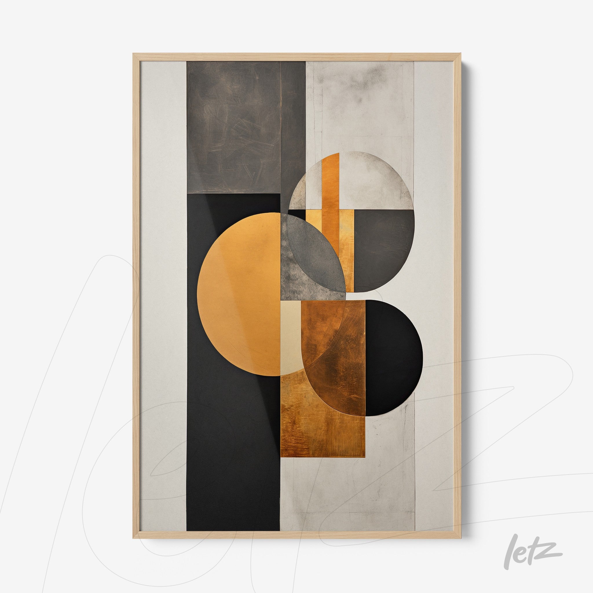 abstract wall art featuring black, gray, and gold tones with geometric shapes like circles and rectangles in a light wood frame