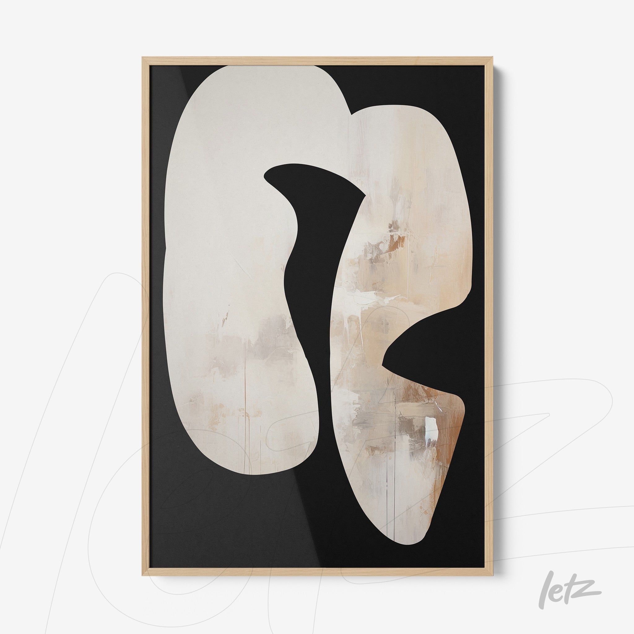 abstract wall art in neutral tones featuring fluid shapes with light wood frame