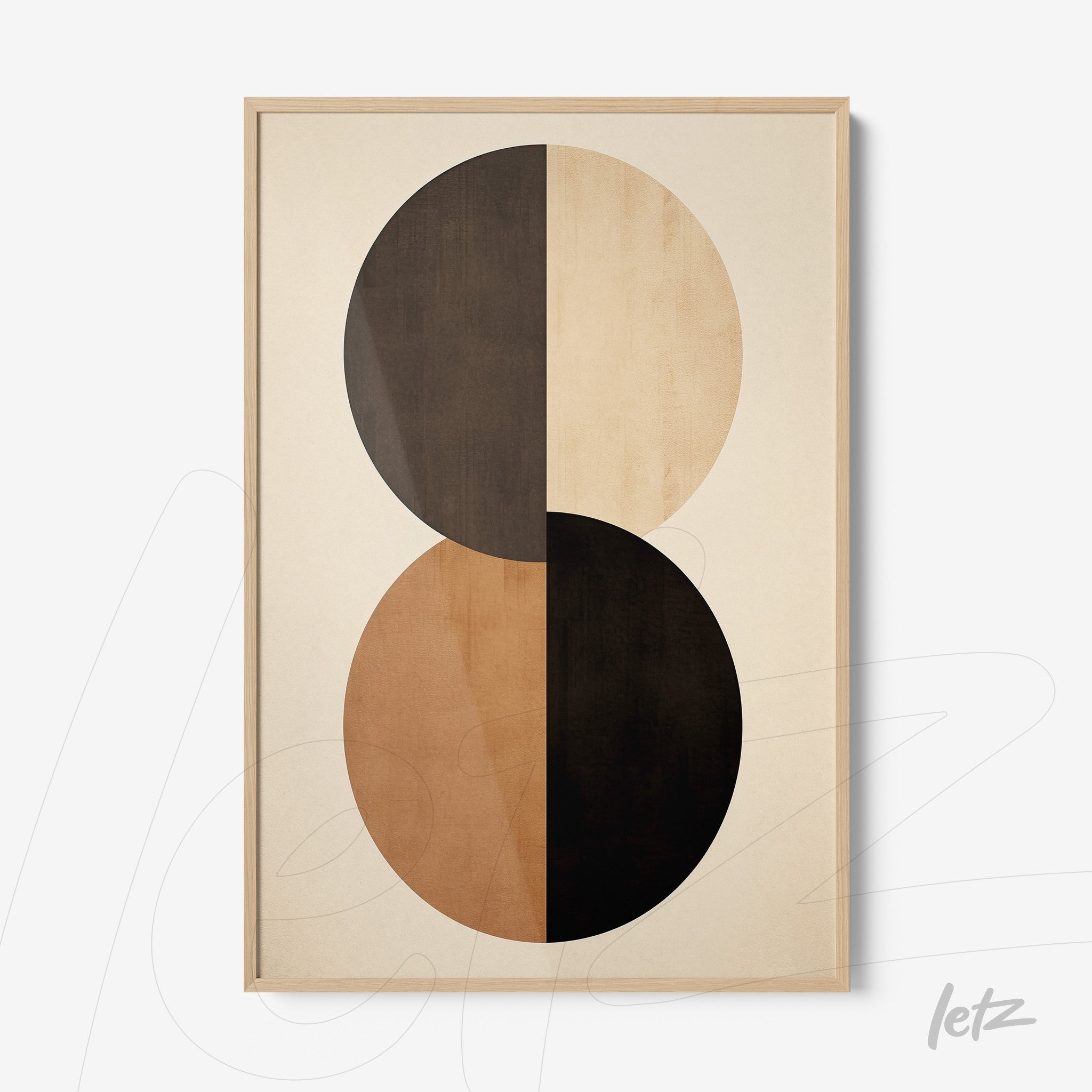 framed wall art featuring a geometric design of circles in black, brown, and beige colors