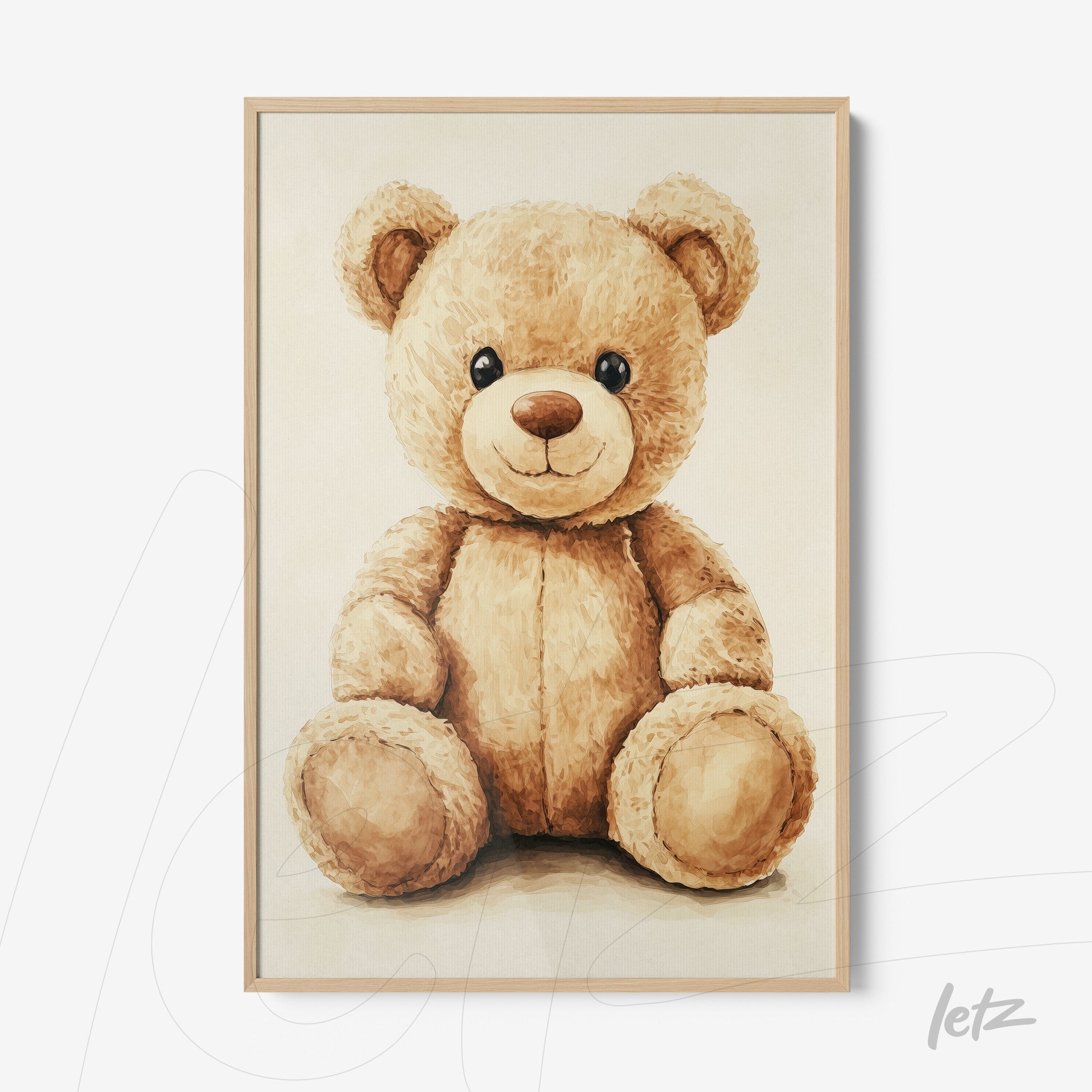 framed illustration of a teddy bear with light wood frame