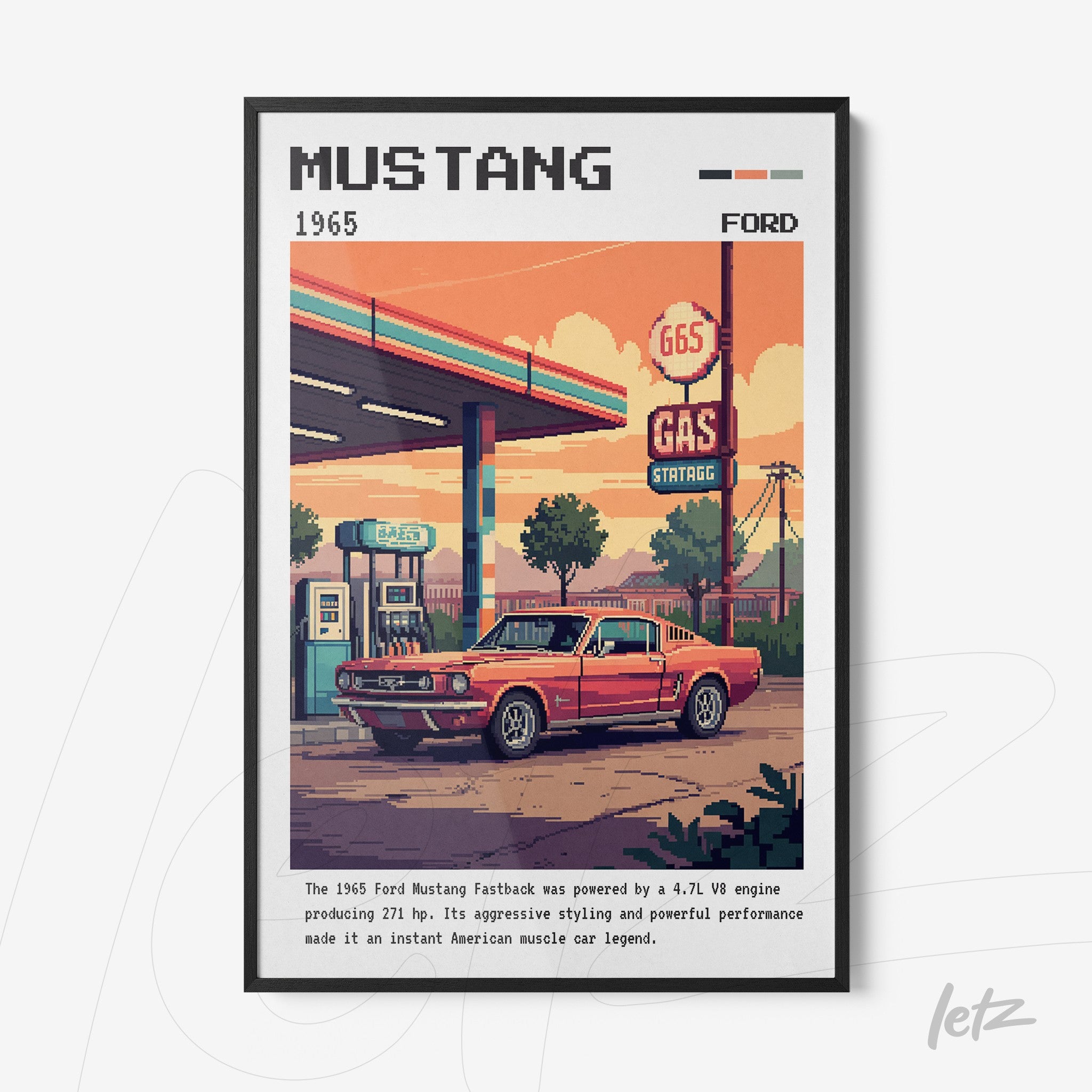 pixel art print featuring a 1965 Ford Mustang car in front of a gas station with vibrant colors