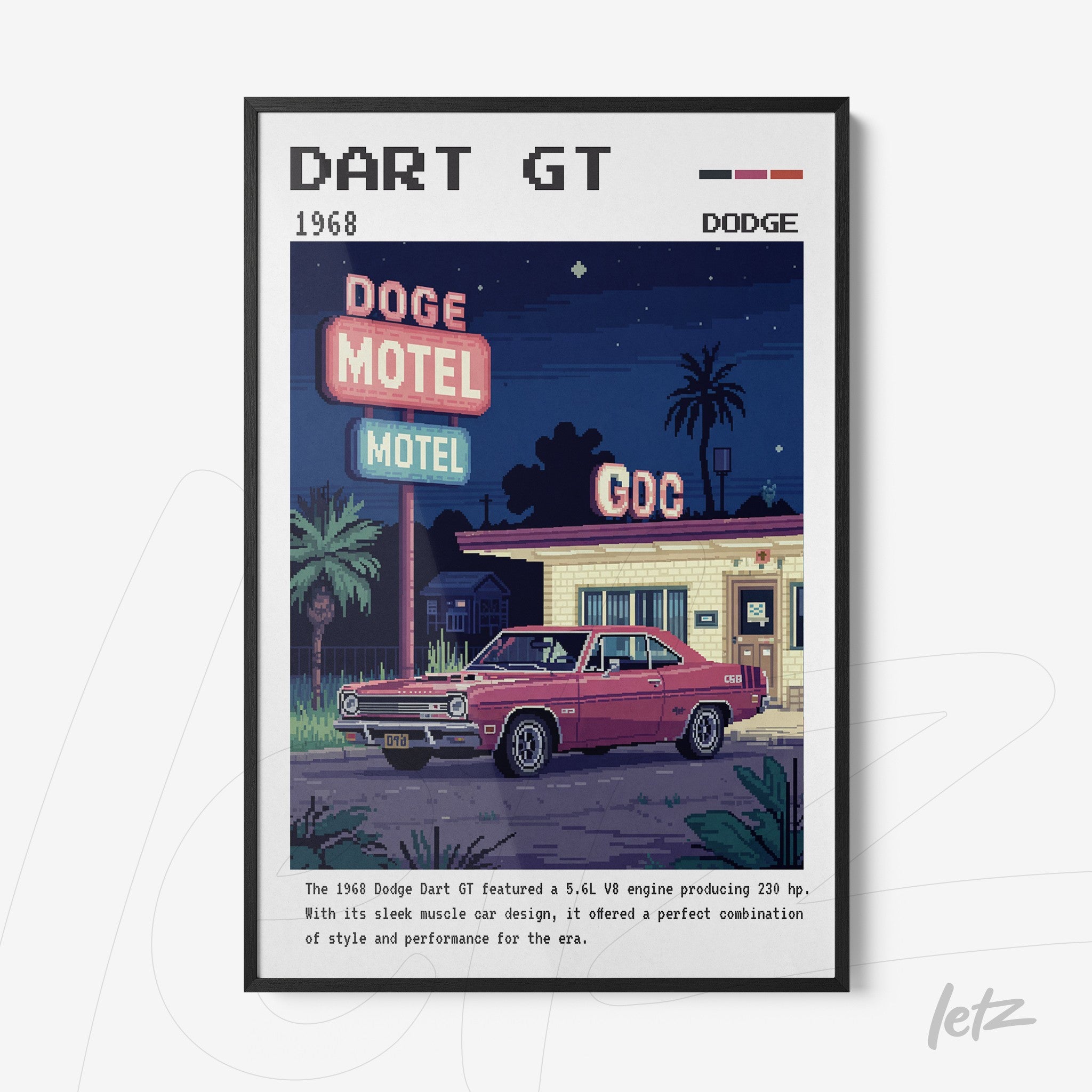 retro pixel art framed print of 1968 Dodge Dart GT featuring neon signs and scenic motel background