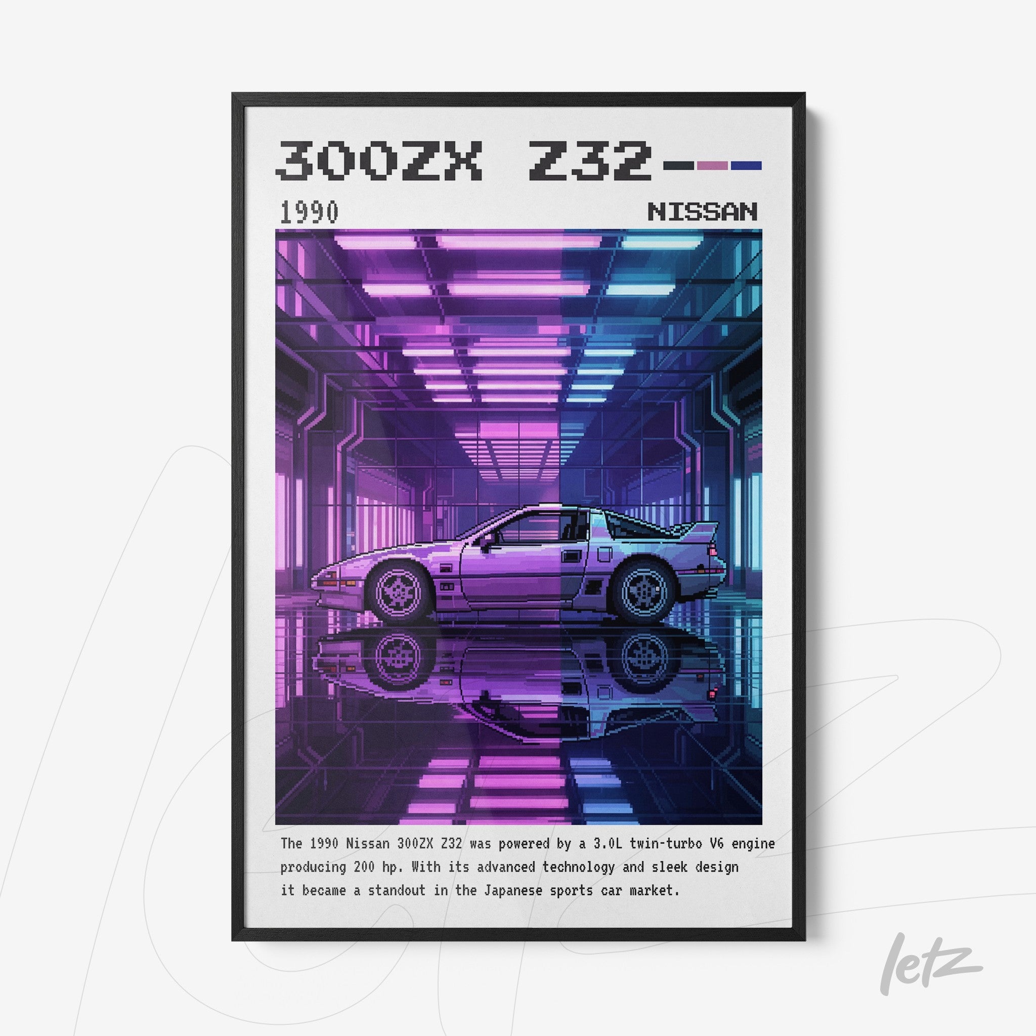digital artwork of the Nissan 300ZX Z32 in retro-futuristic style with neon backdrop