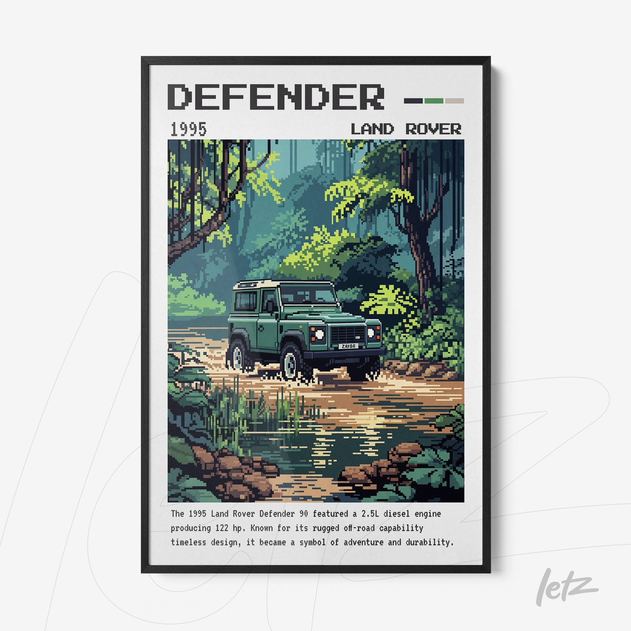 framed pixel art of a 1995 Land Rover Defender 90 in a natural setting, showcasing the vehicle details and surrounding greenery