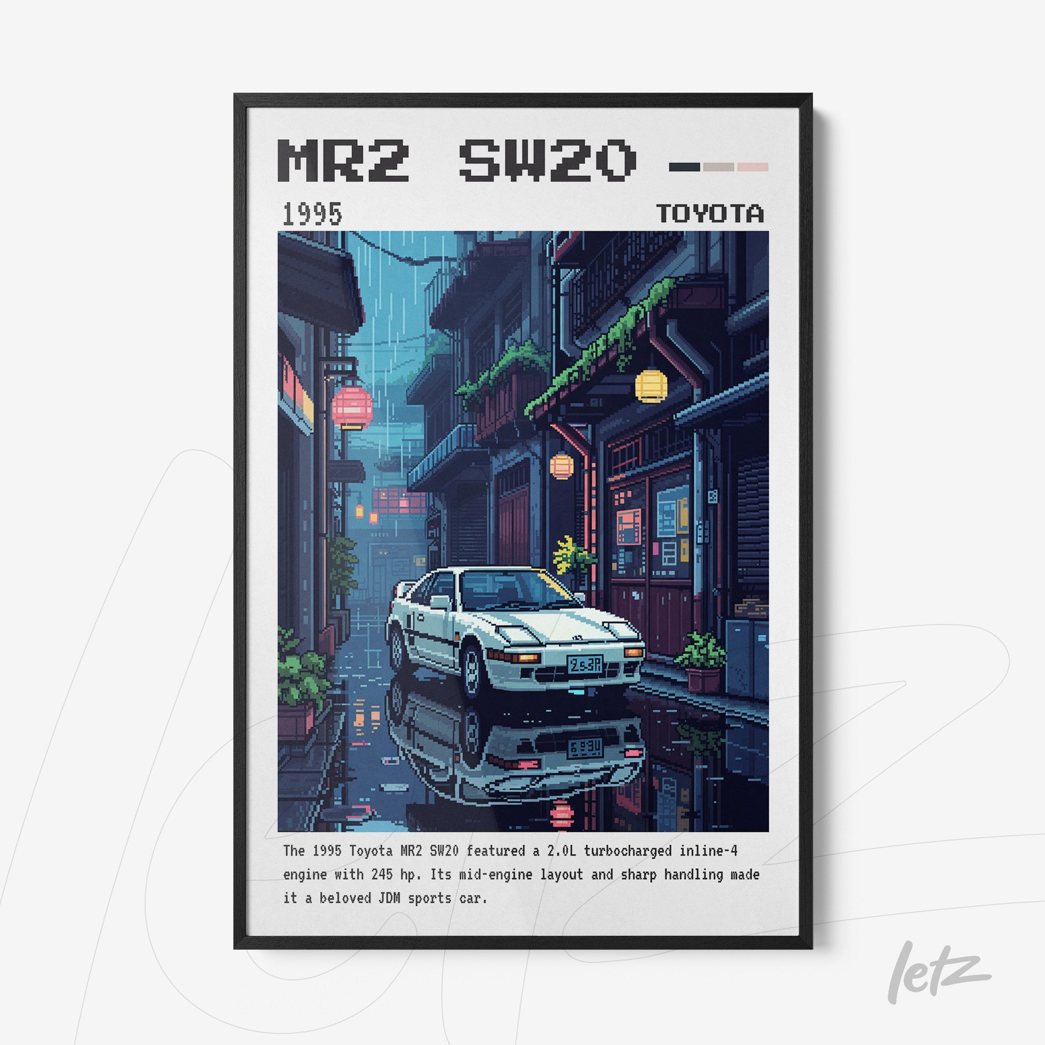 retro digital art print of a 1995 Toyota MR2 sports car on a rainy street featuring neon lights and Asian architecture