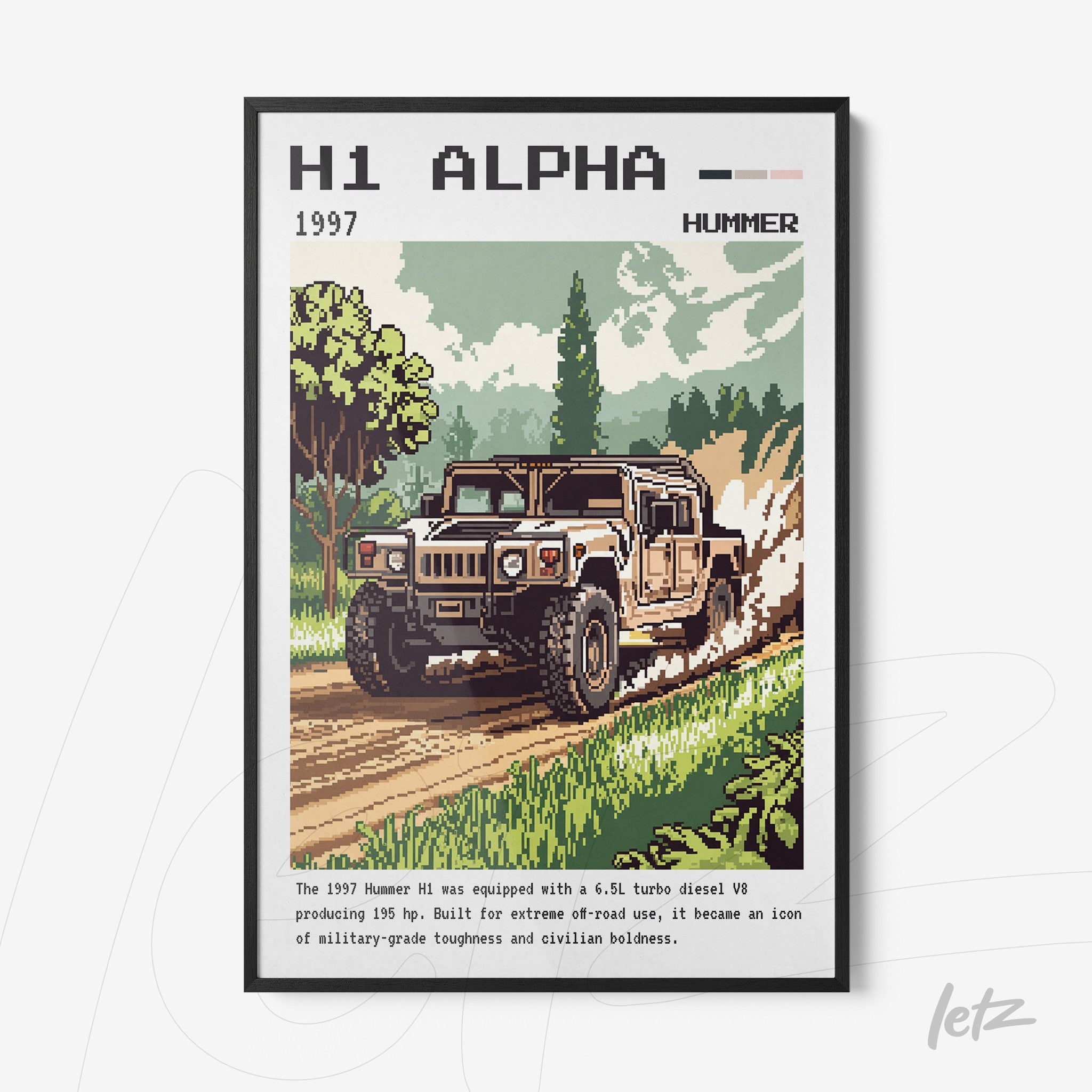 retro style digital illustration of a 1997 Hummer H1 on a dirt road surrounded by green vegetation with a black frame