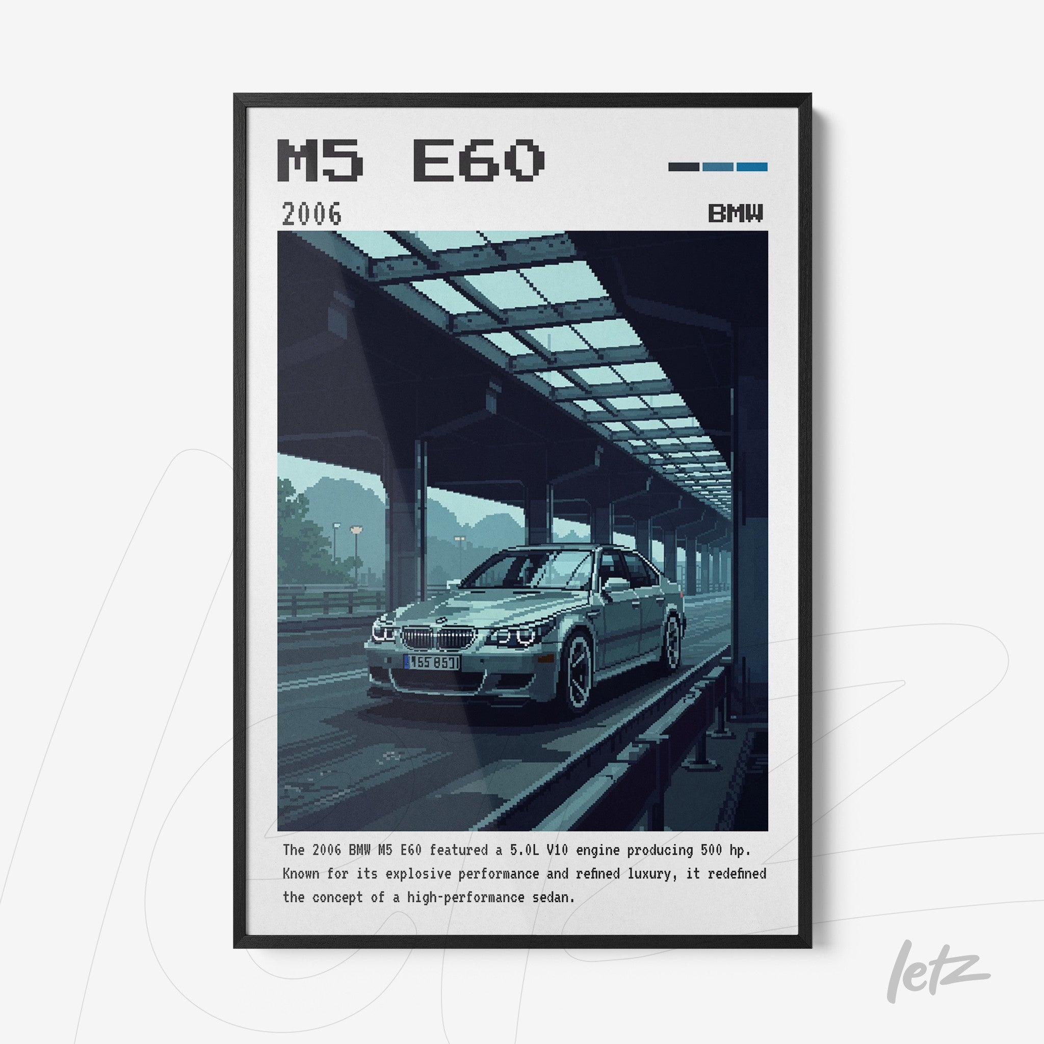 framed pixel art of the BMW M5 E60 car with a black frame